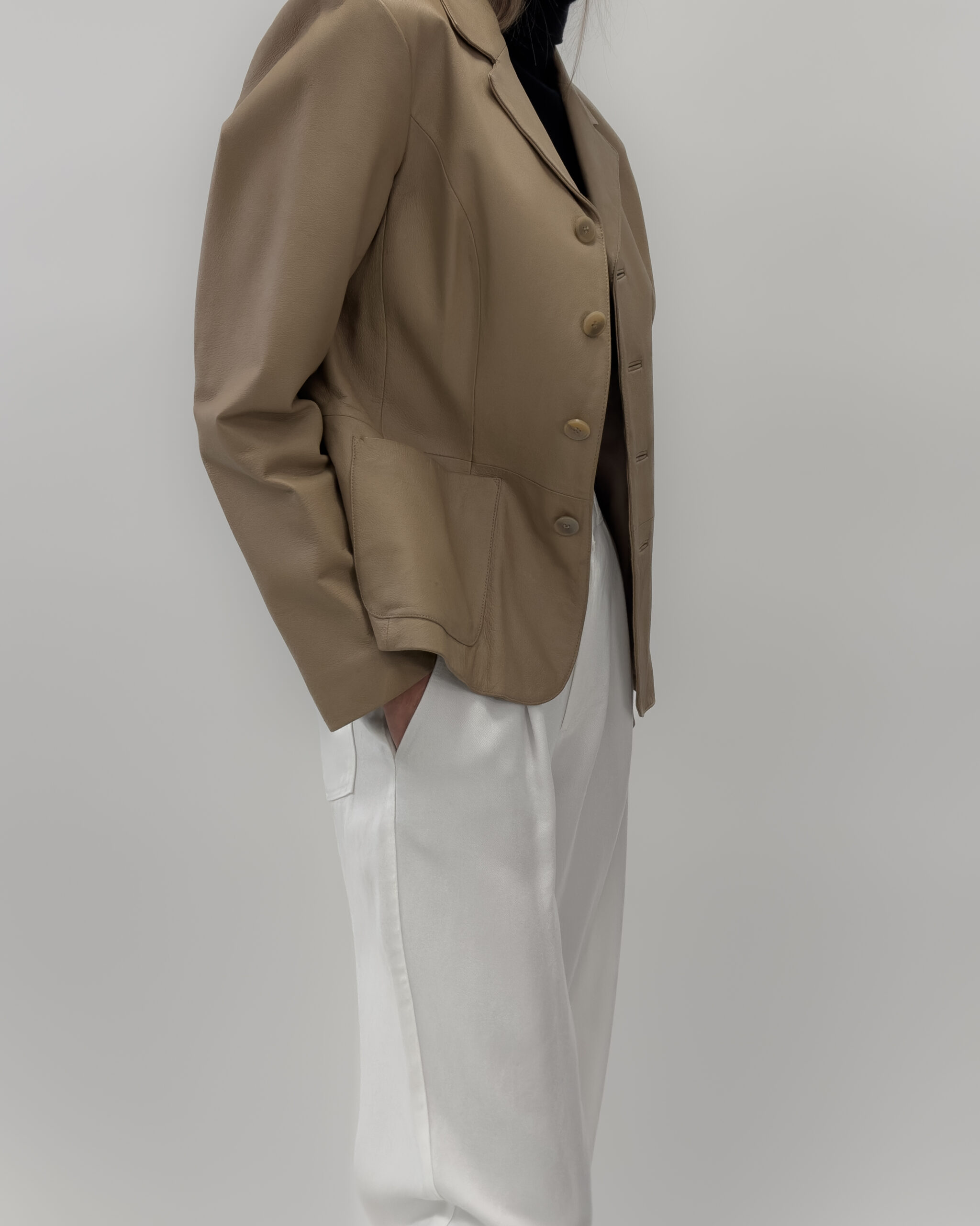 Genuine Leather Blazer In Beige