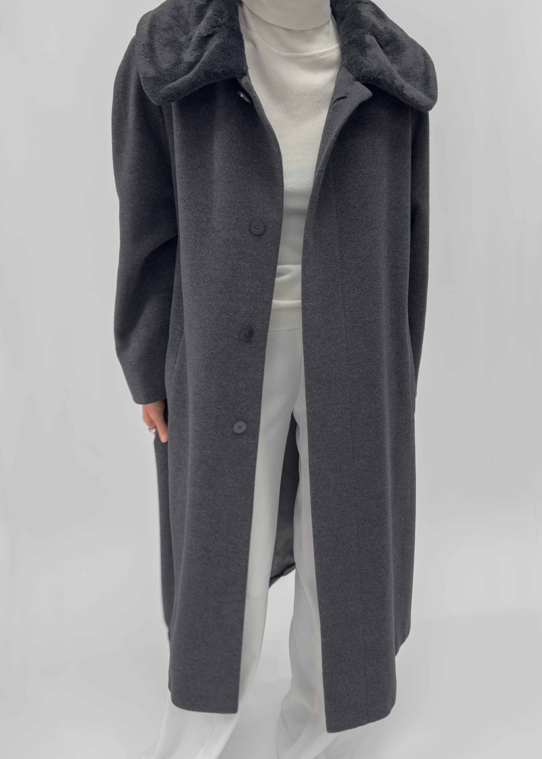 Angora Wool Blend Long Coat In Grey