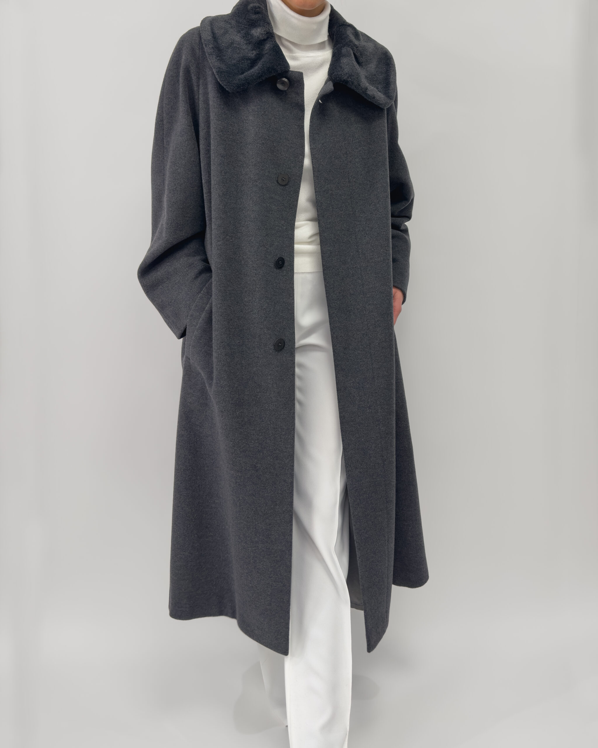 Angora Wool Blend Long Coat In Grey