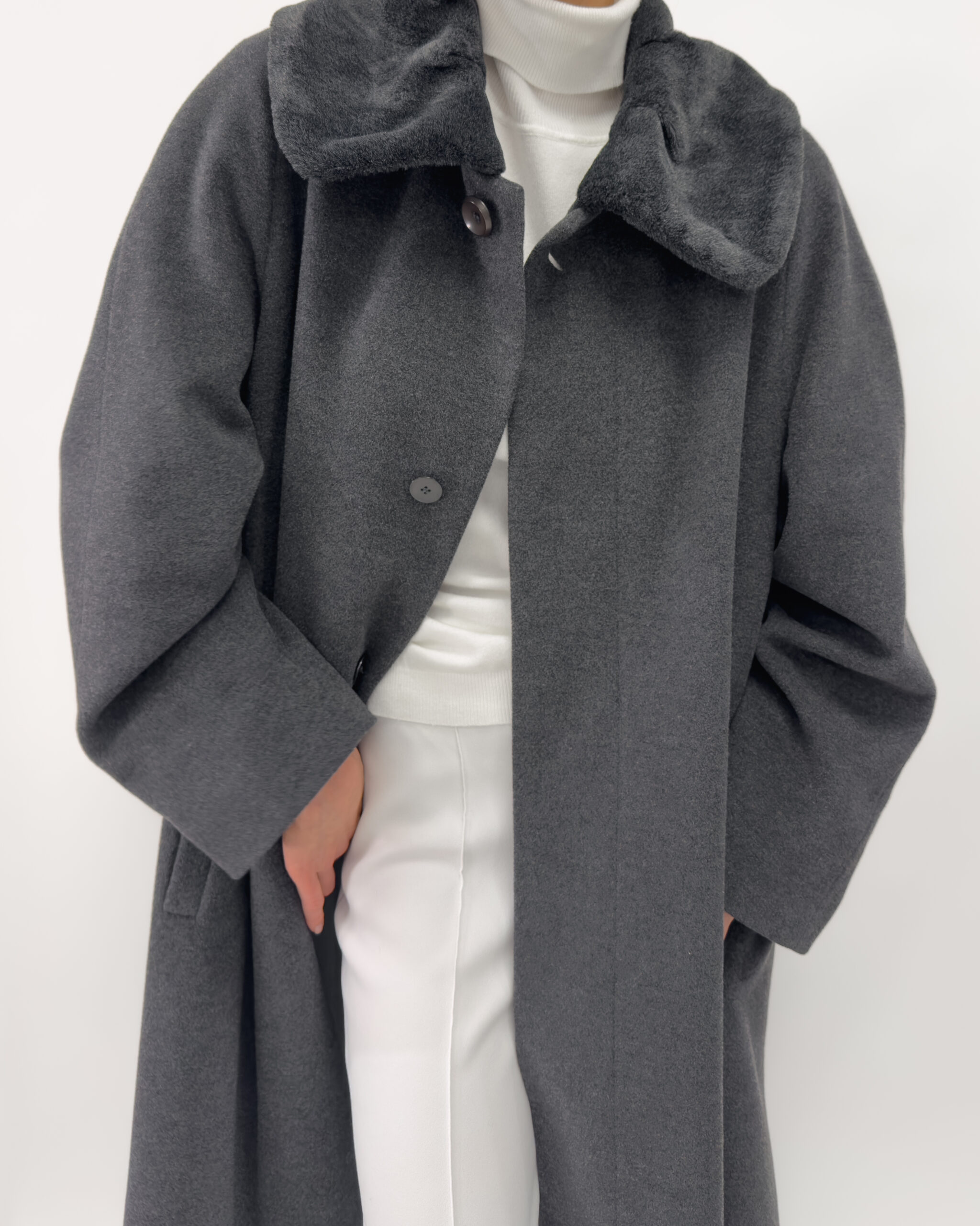 Angora Wool Blend Long Coat In Grey