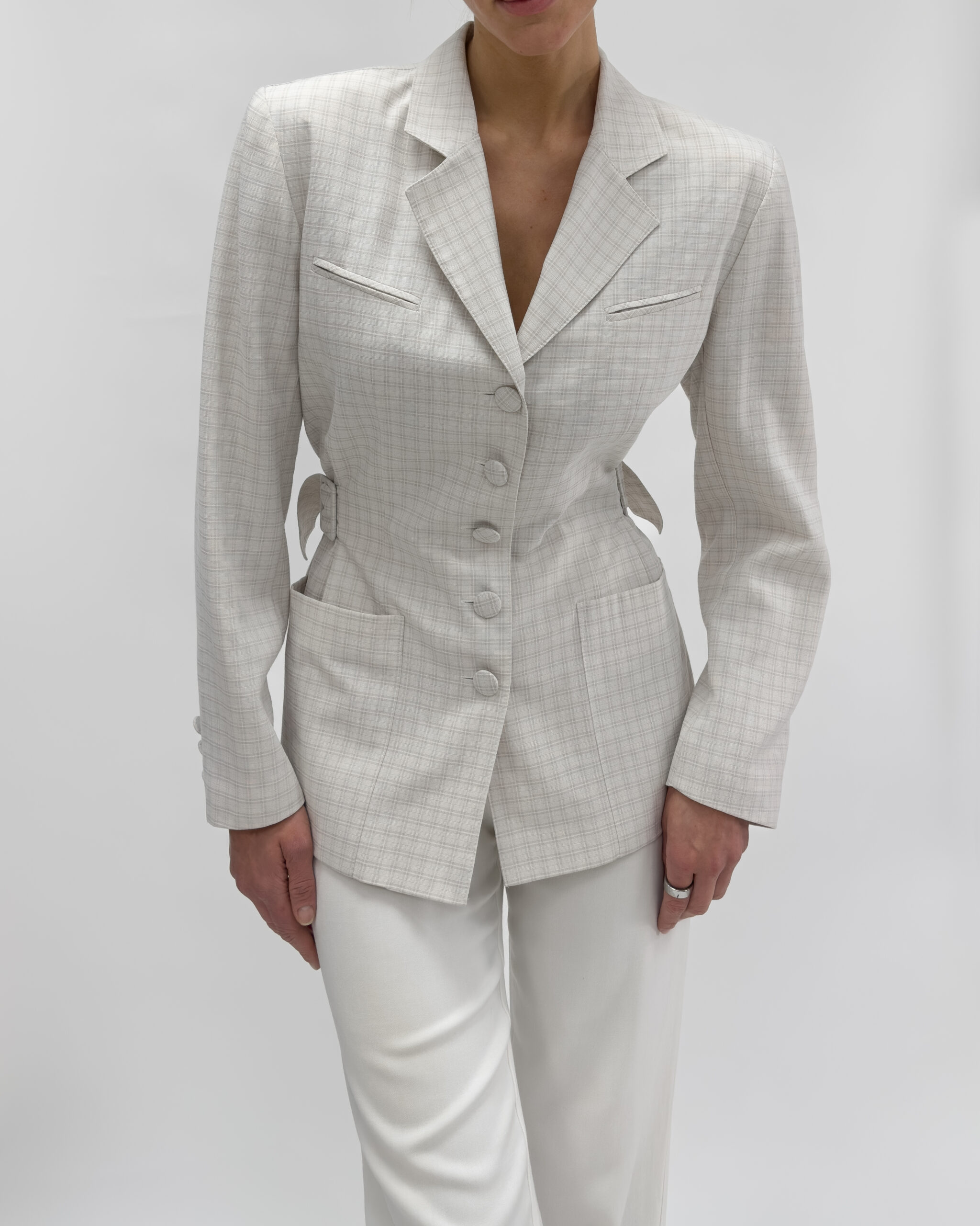 Cream White Checkered Blazer