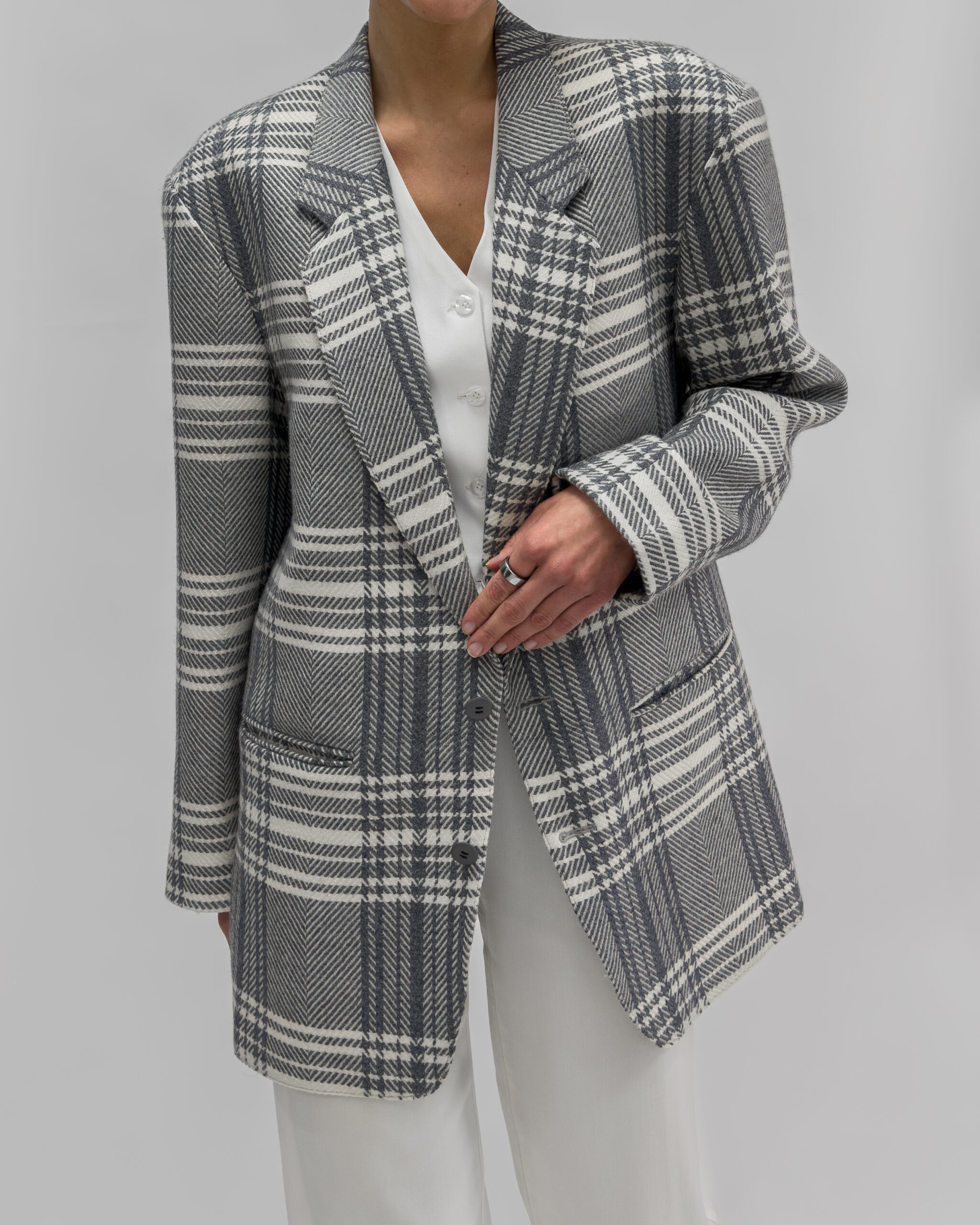 Checkered Wool Blazer in Light Blue & White