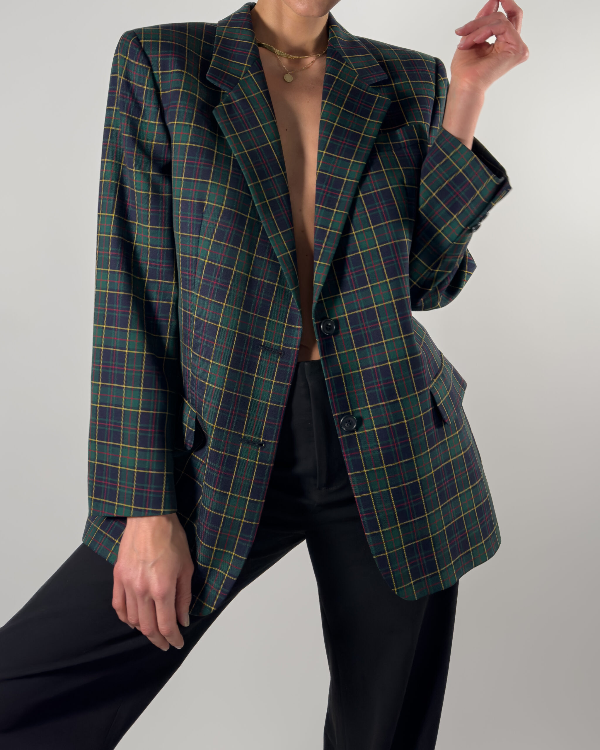 DAKS London Checkered Wool Blazer | Dark Blue & Green