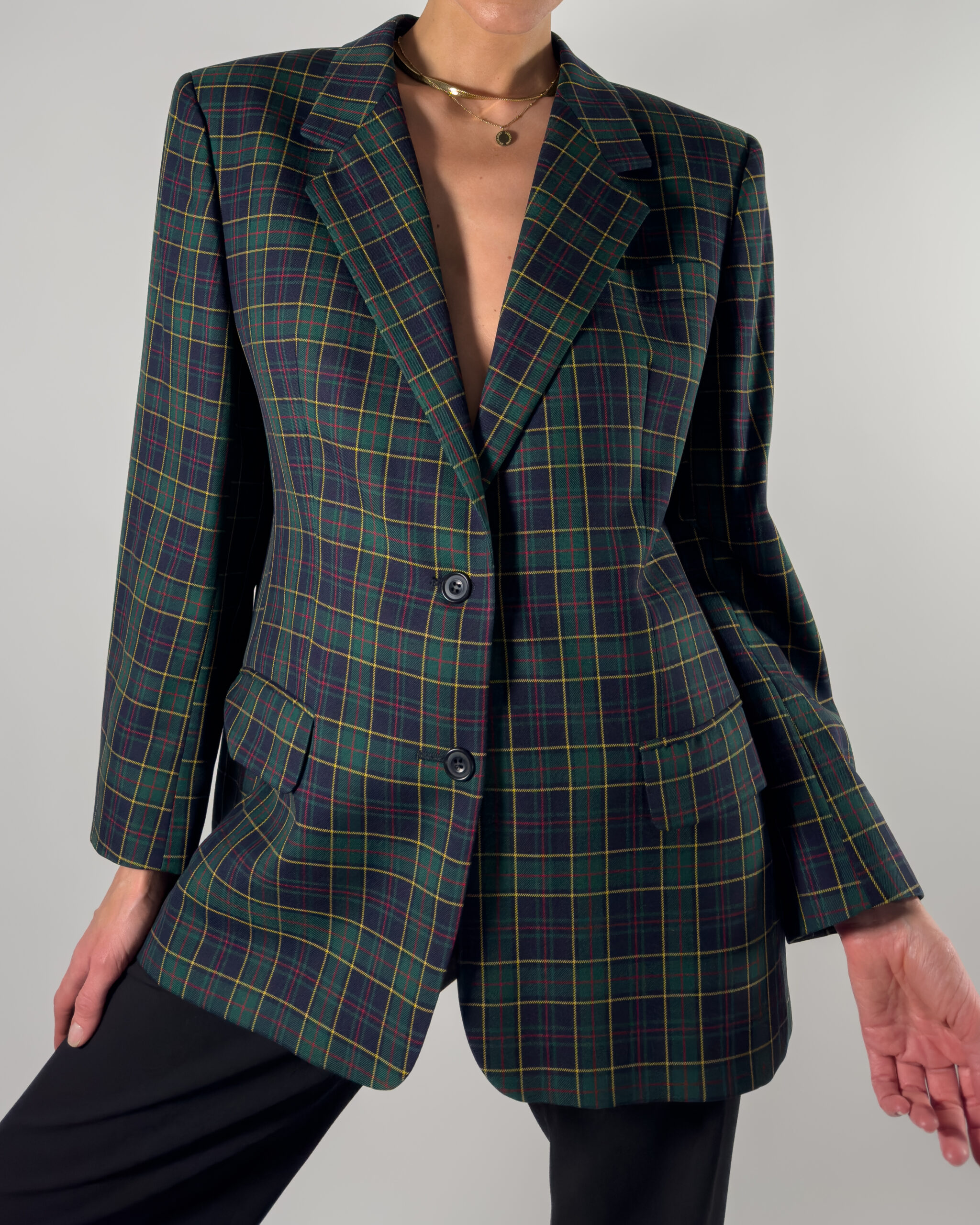 DAKS London Checkered Wool Blazer | Dark Blue & Green