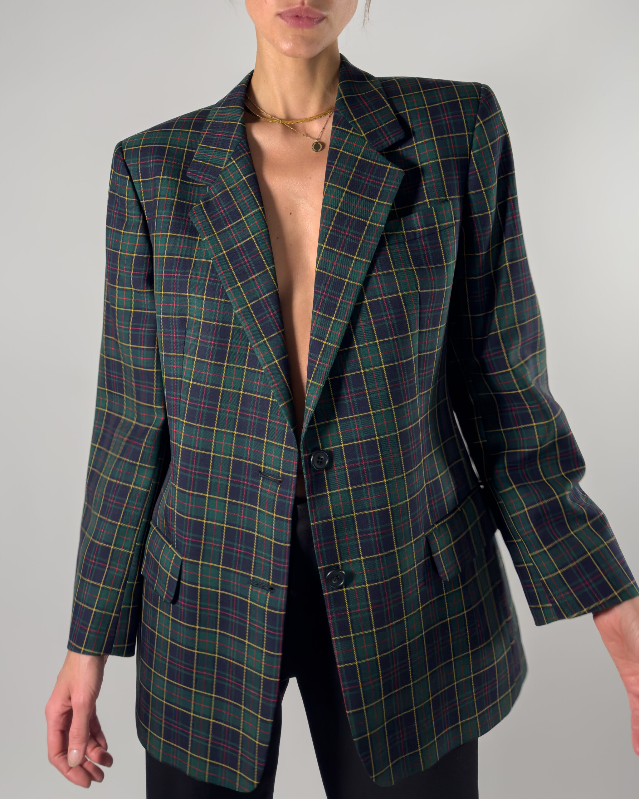 DAKS London Checkered Wool Blazer | Dark Blue & Green