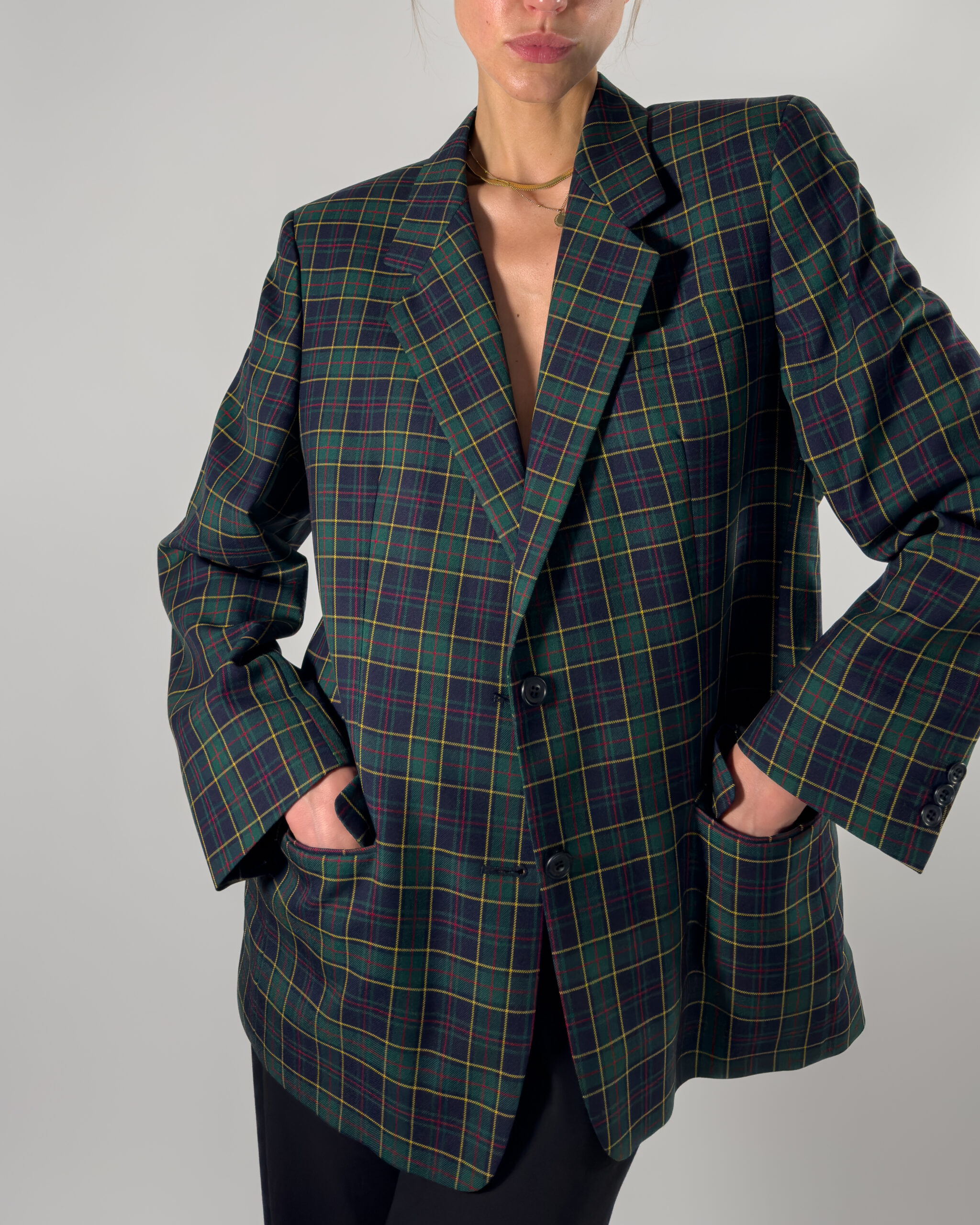 DAKS London Checkered Wool Blazer | Dark Blue & Green