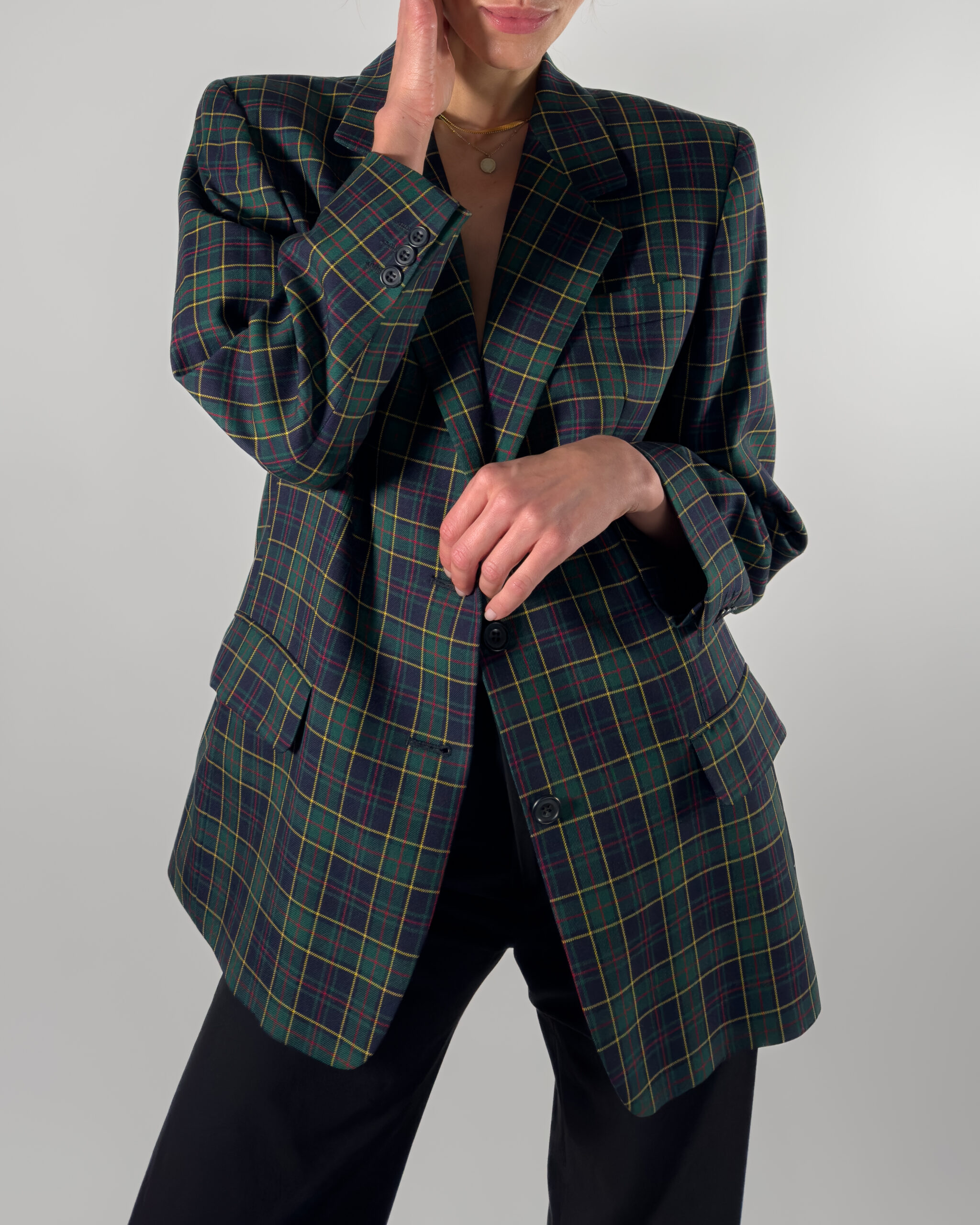 DAKS London Checkered Wool Blazer | Dark Blue & Green