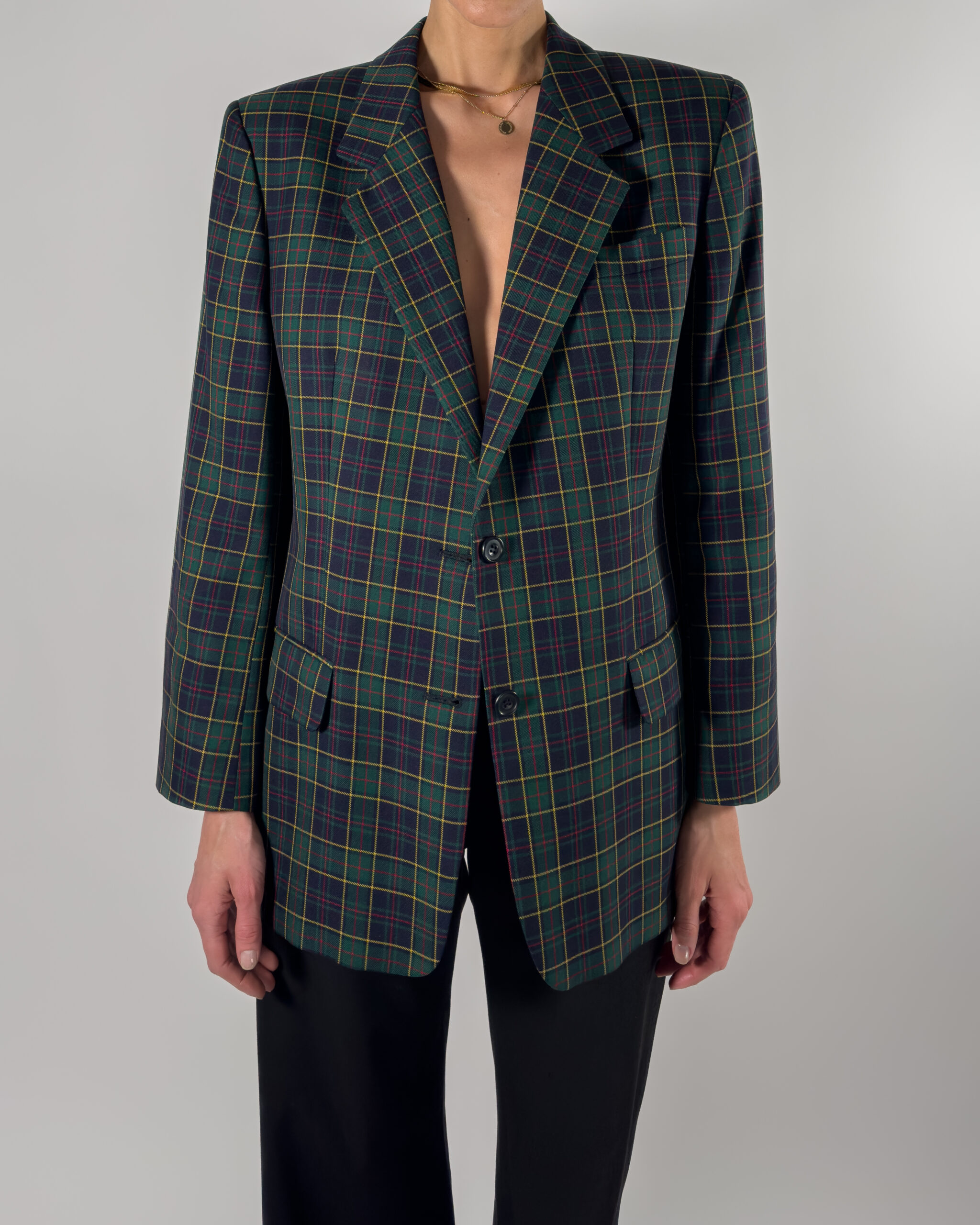 DAKS London Checkered Wool Blazer | Dark Blue & Green