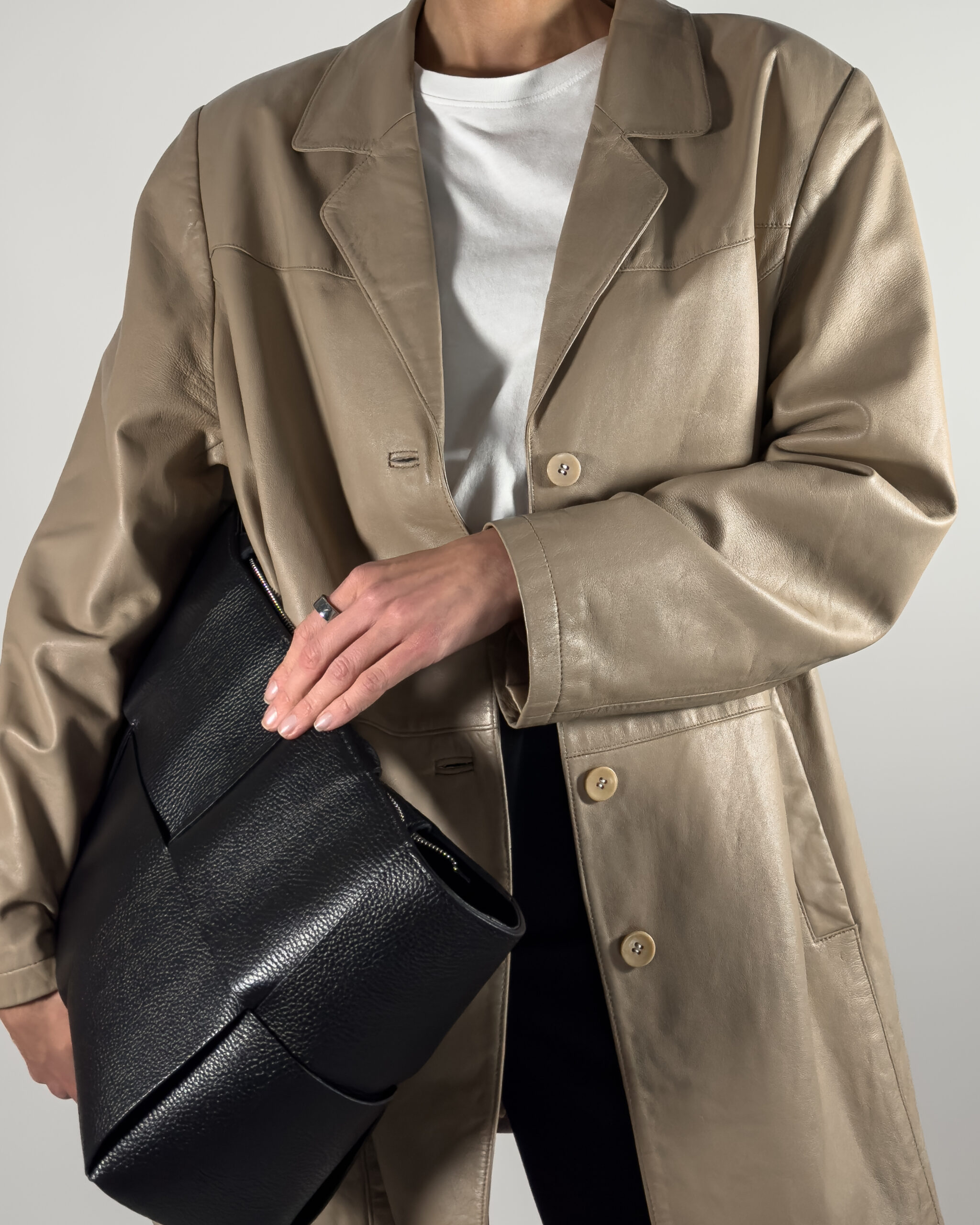 Oversized Genuine Leather Coat | Taupe