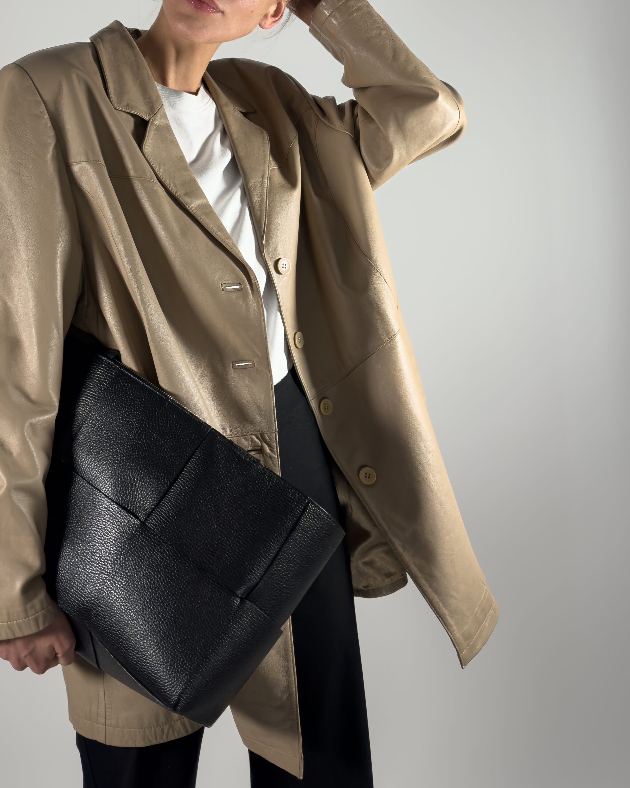 Oversized Genuine Leather Coat | Taupe