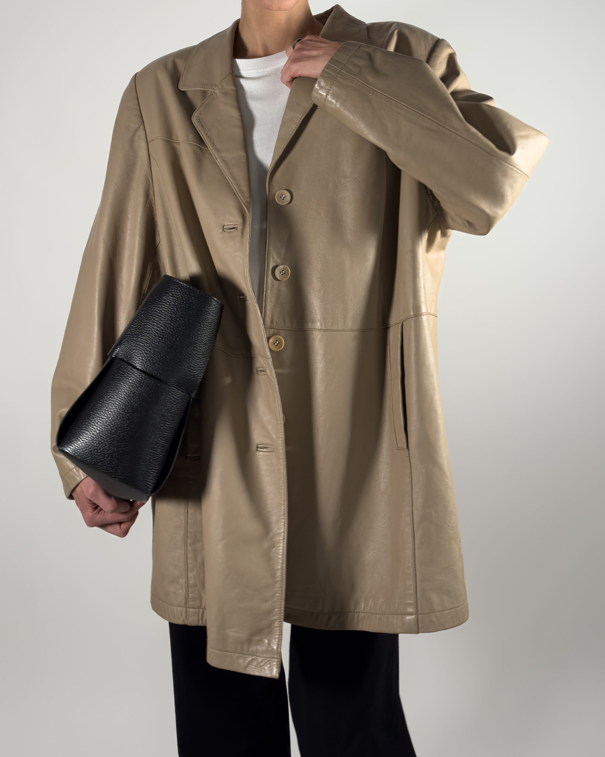 Oversized Genuine Leather Coat | Taupe