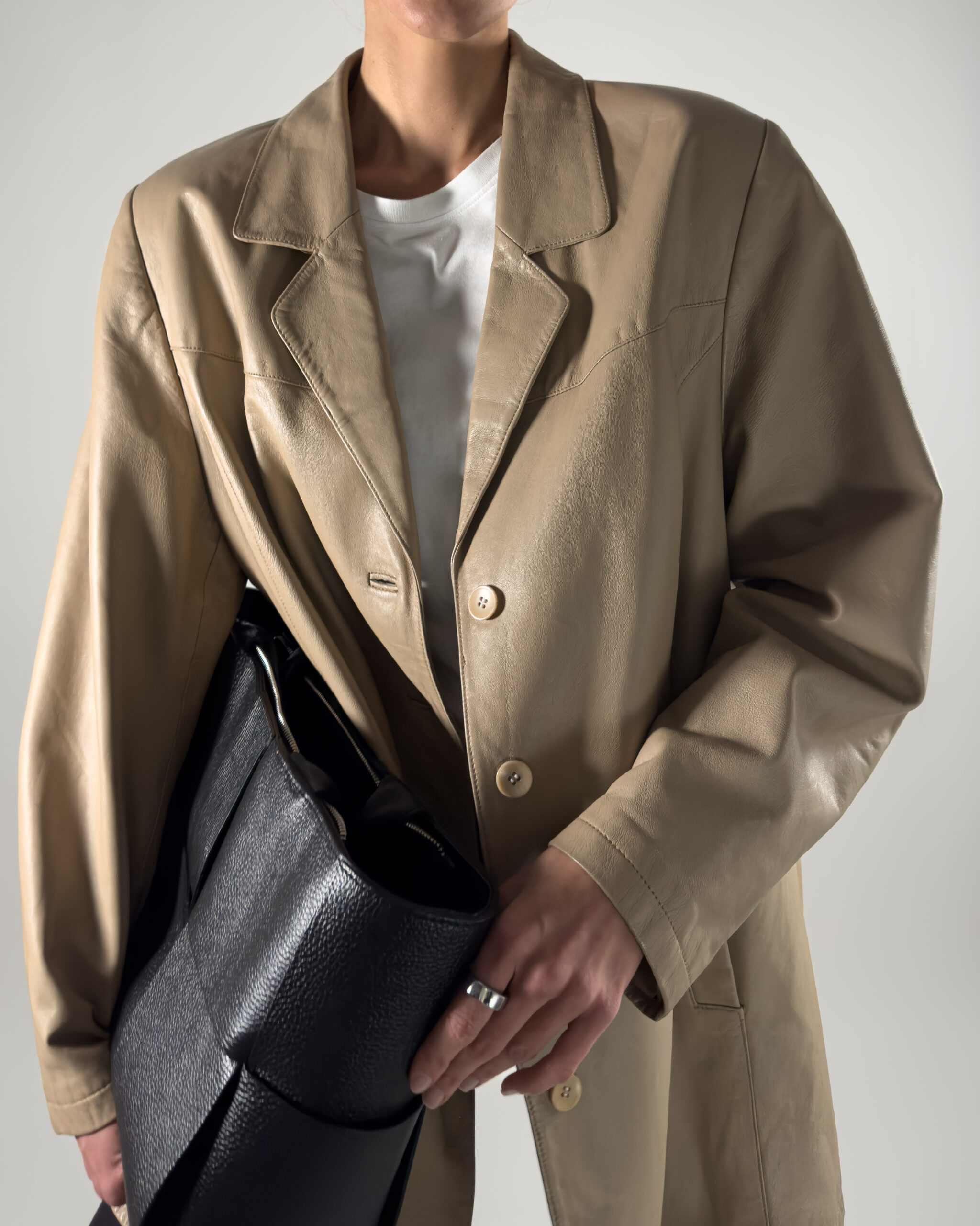 Oversized Genuine Leather Coat | Taupe