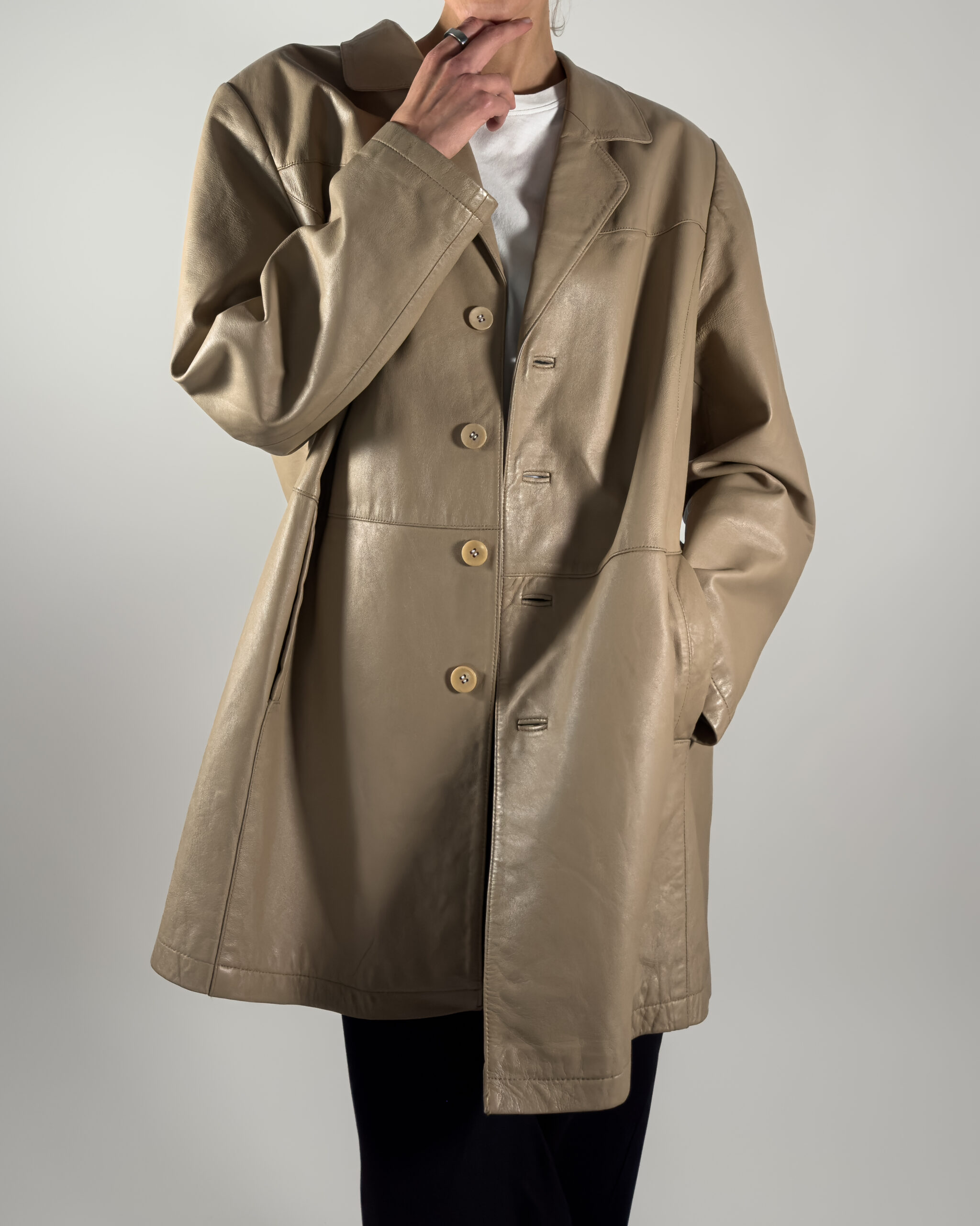 Oversized Genuine Leather Coat | Taupe