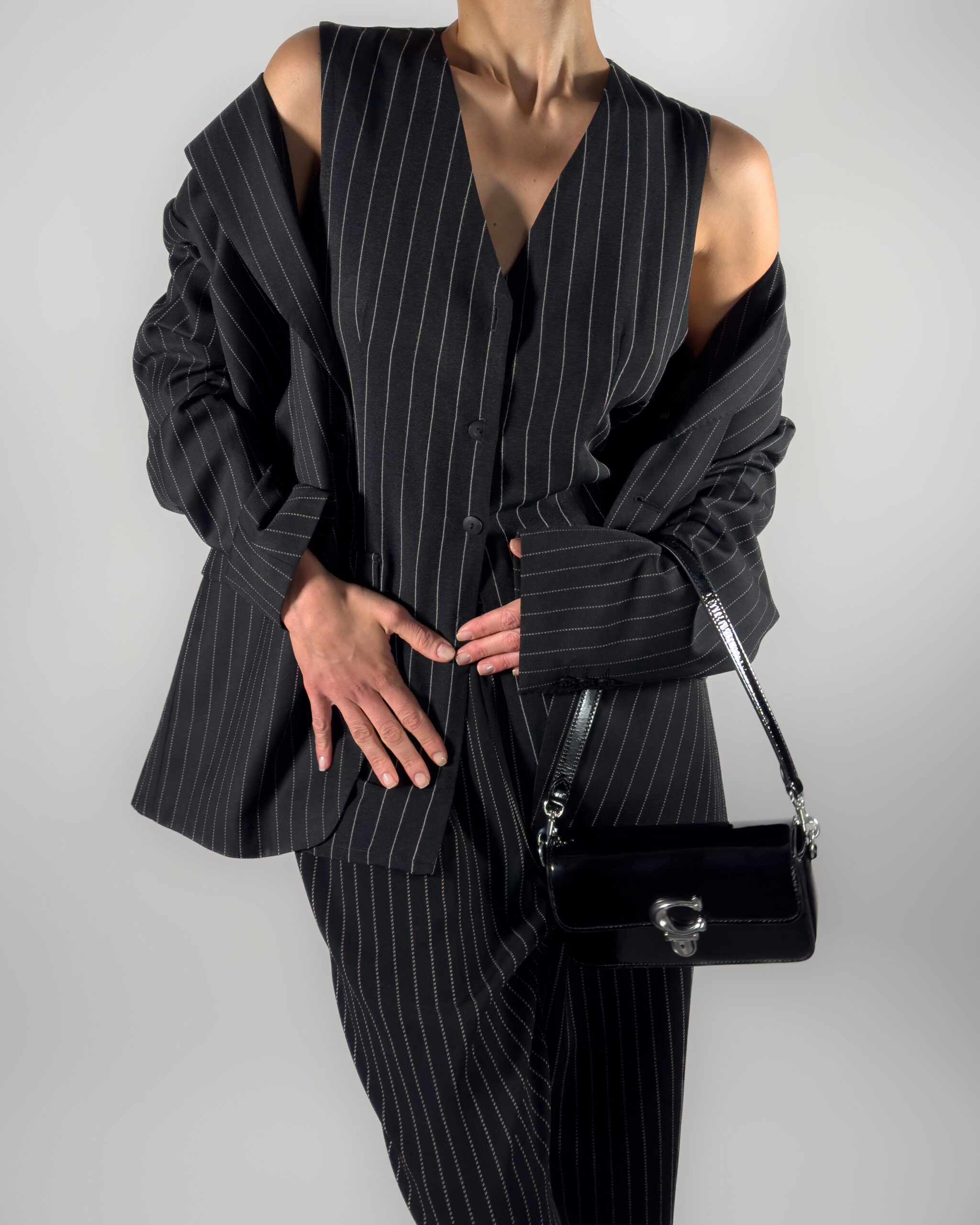 Pinstriped Viscose Suit Vest | Black