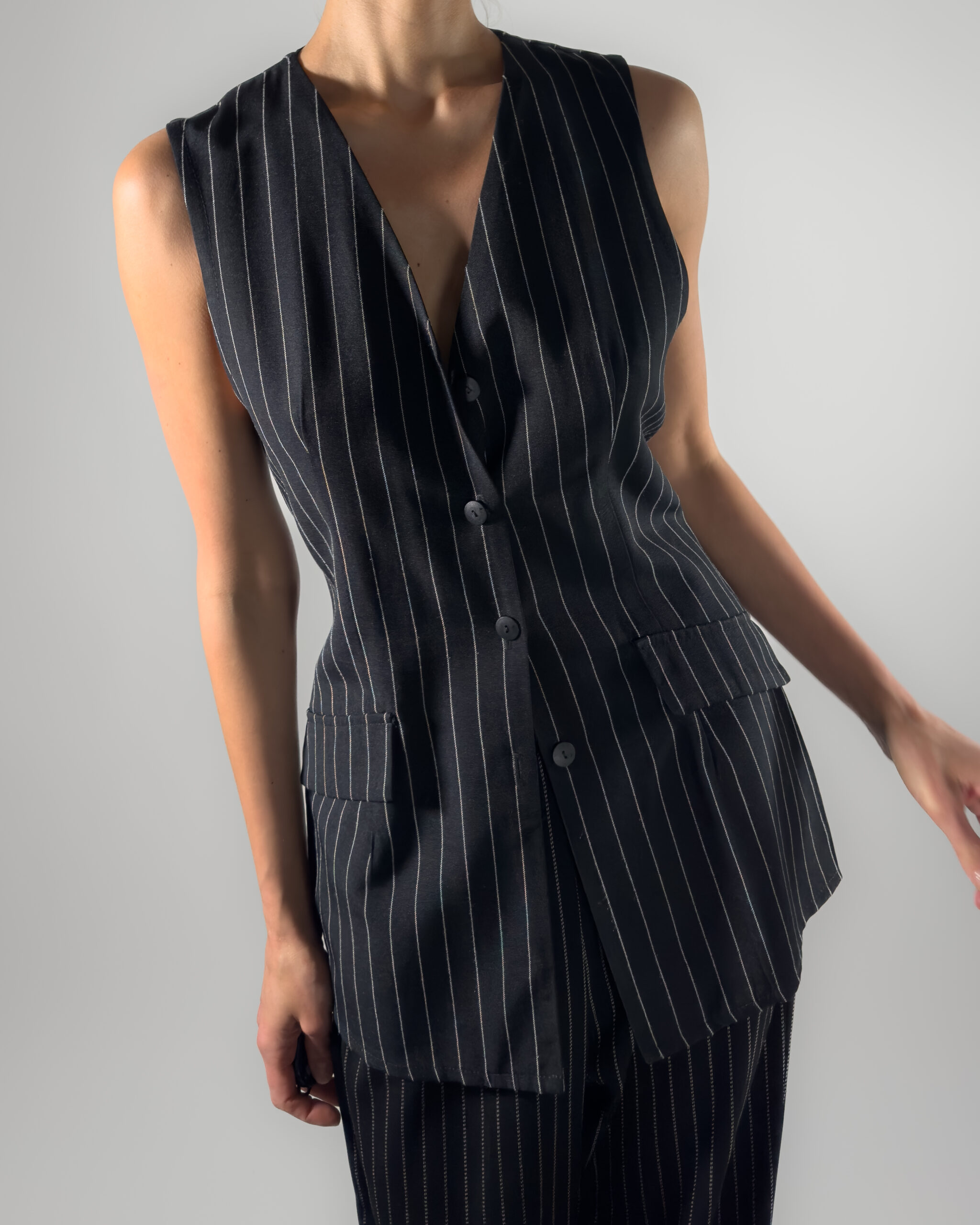 Pinstriped Viscose Suit Vest | Black