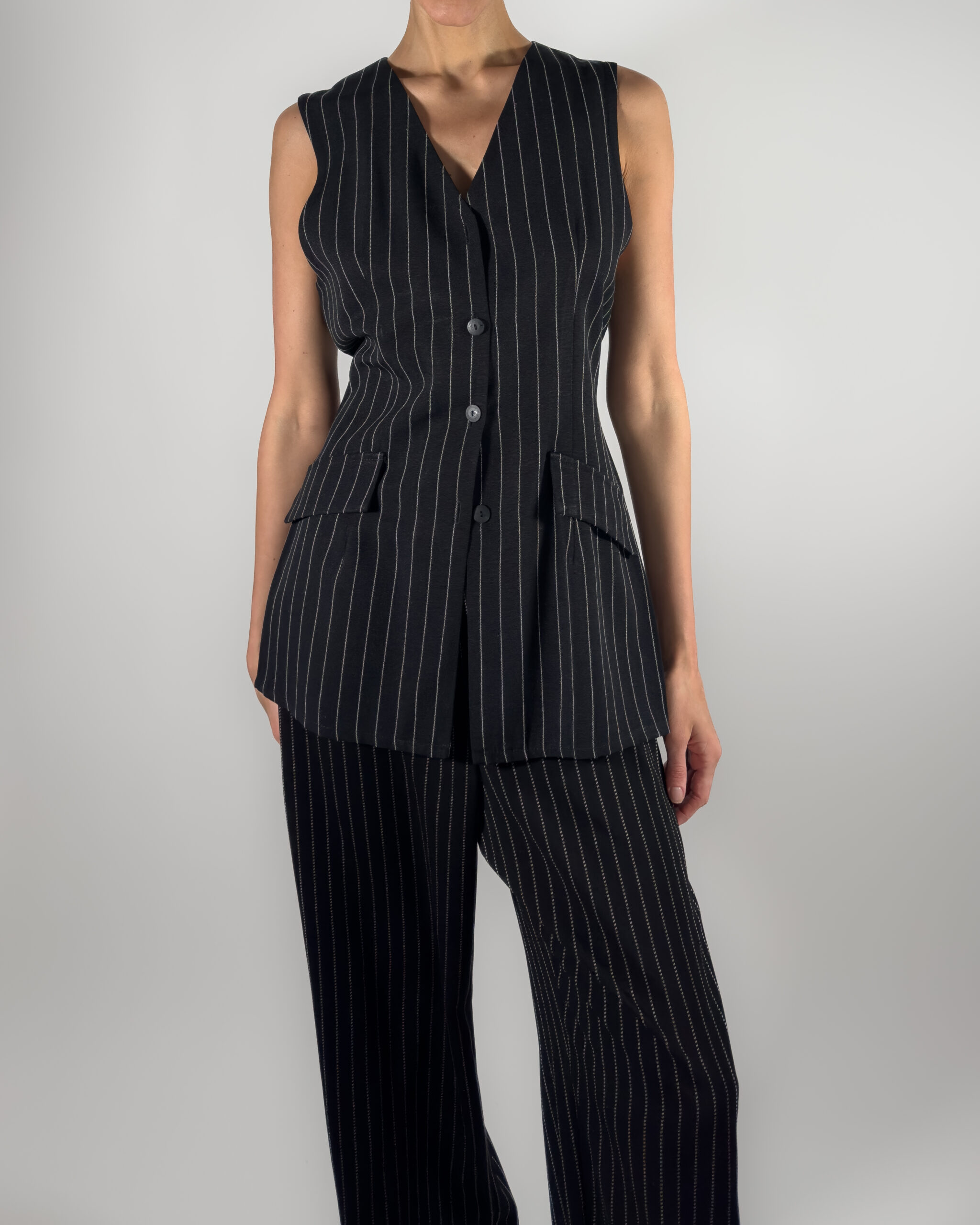 Pinstriped Viscose Suit Vest | Black