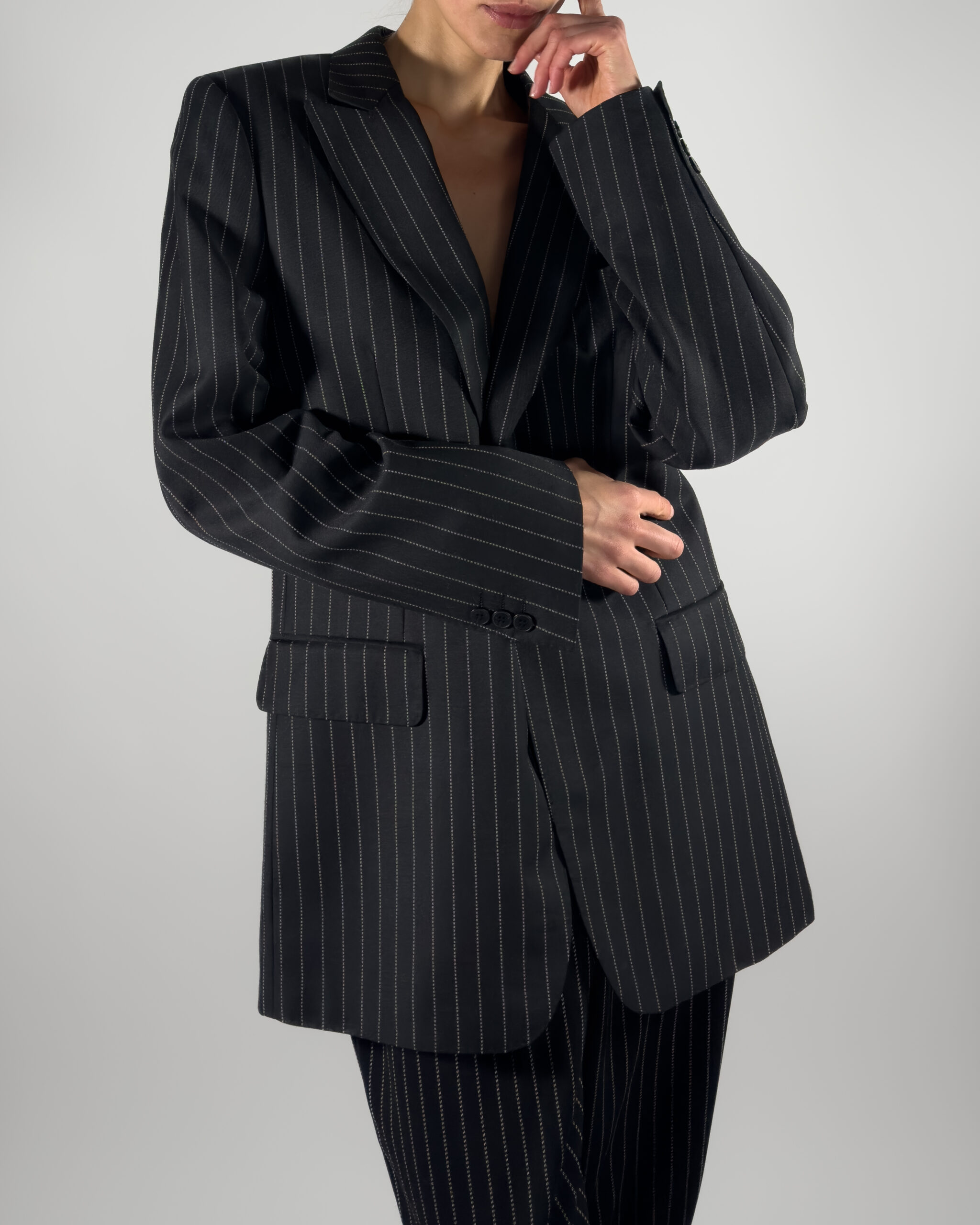 Pinstriped Wool Blend Blazer | Black