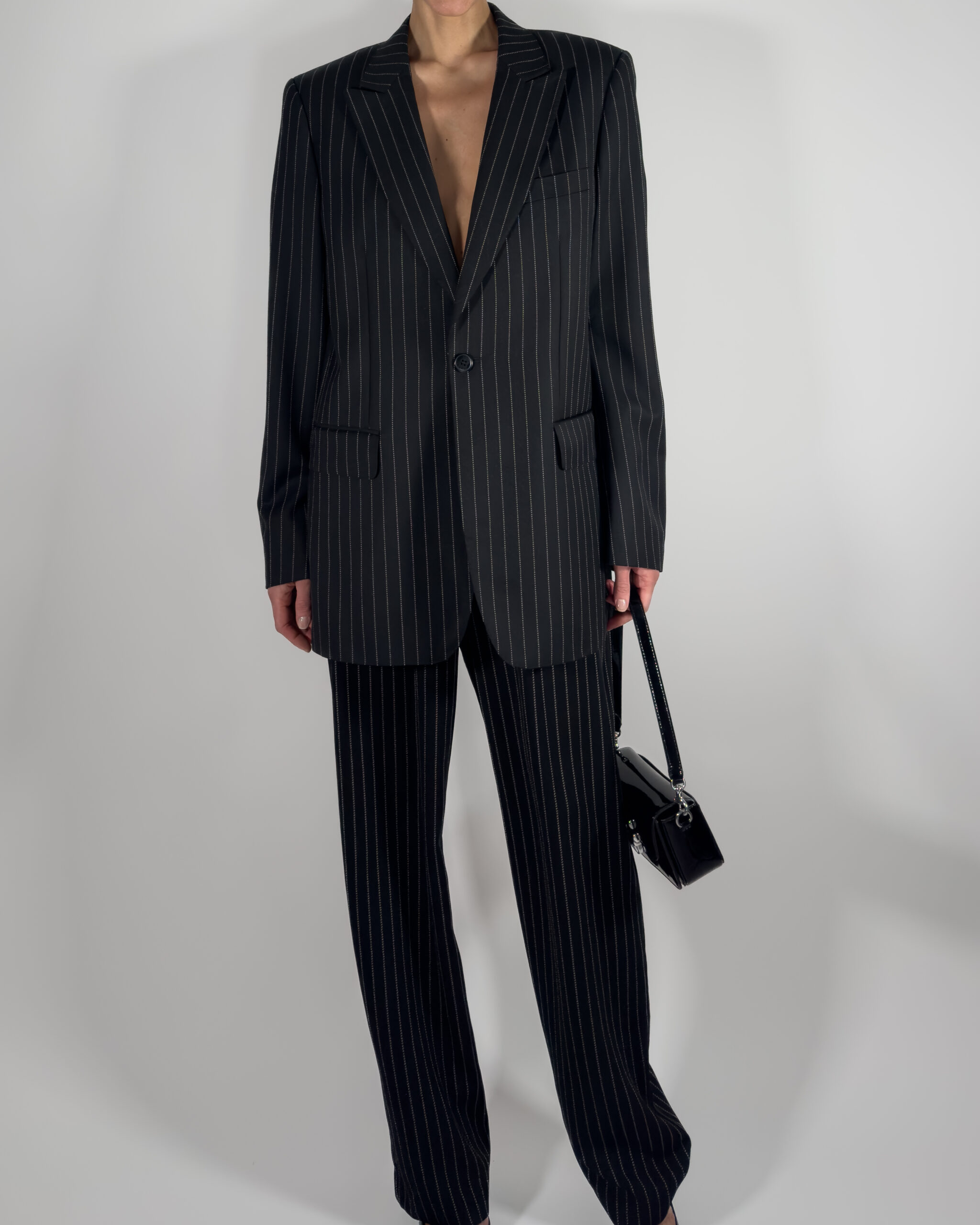 Pinstriped Wool Blend Blazer | Black