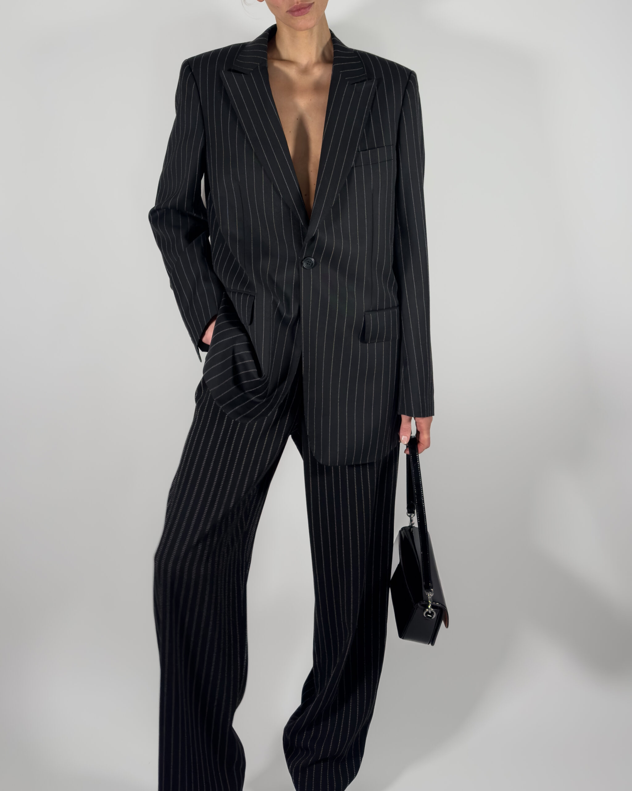 Pinstriped High-Rise Suit Trousers | Black