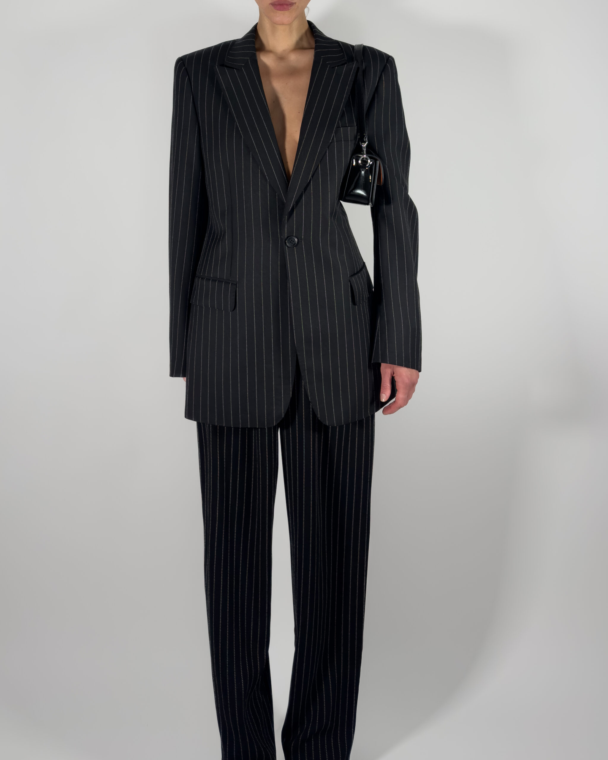 Pinstriped Wool Blend Blazer | Black