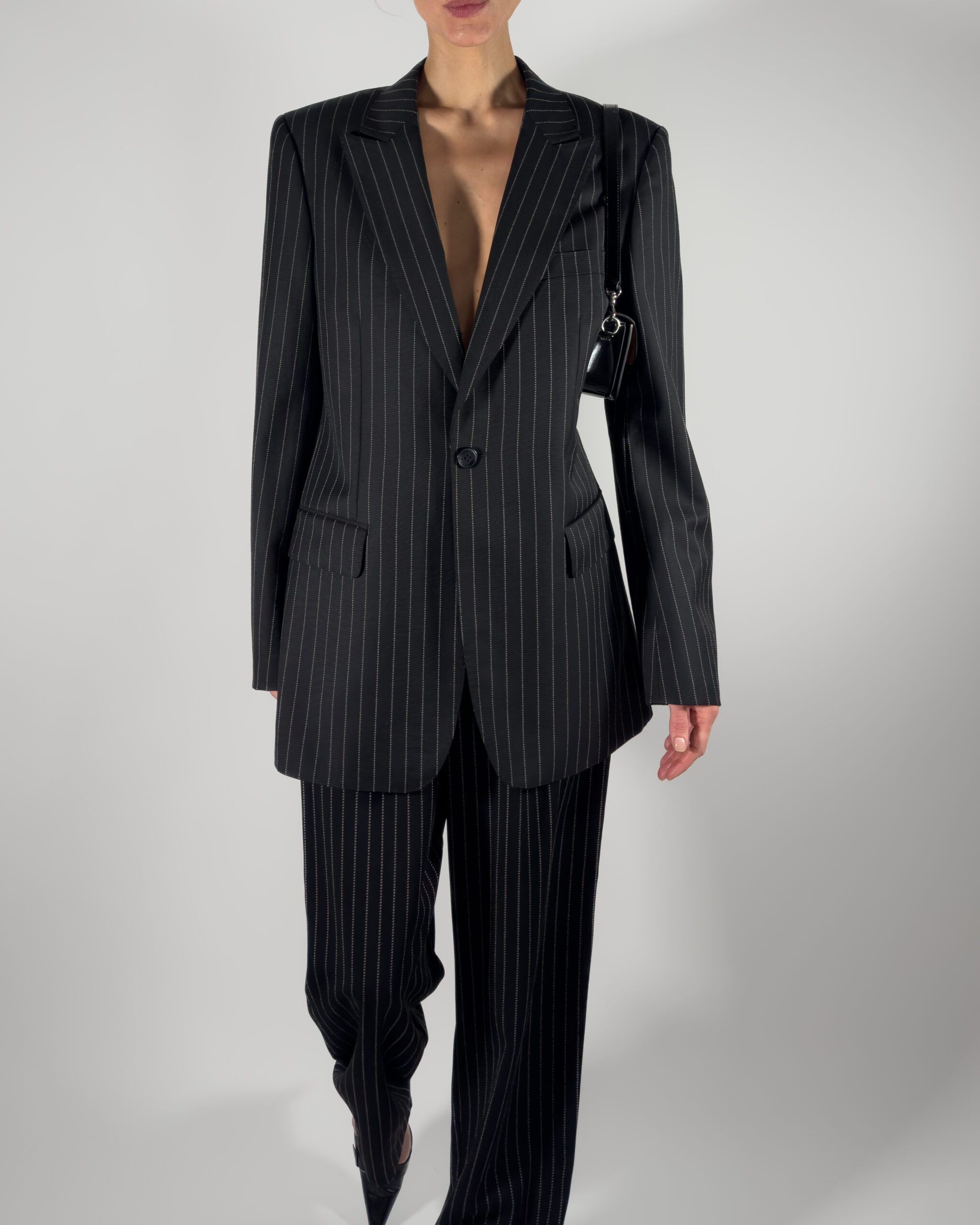 Pinstriped Wool Blend Blazer | Black