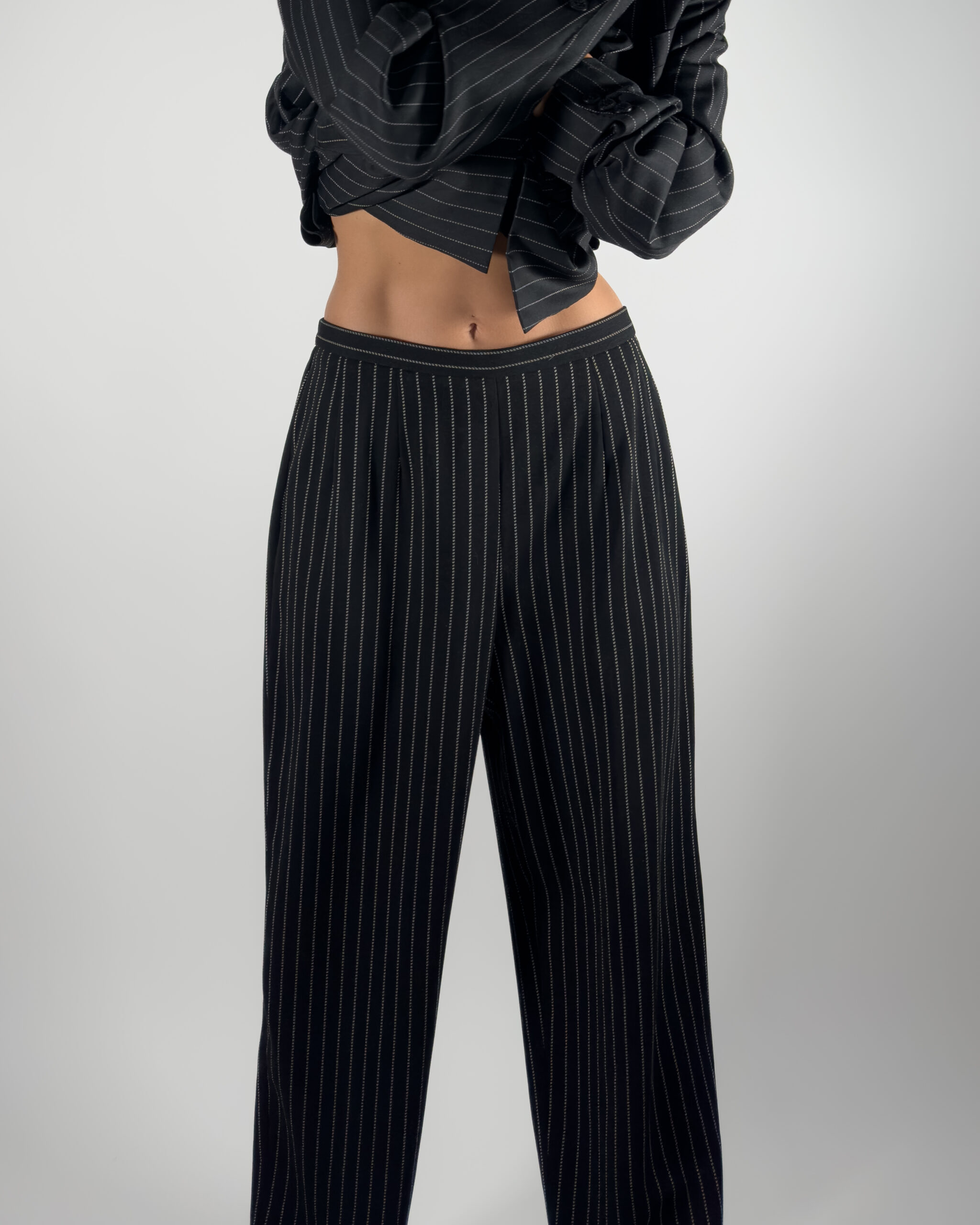 Pinstriped High-Rise Suit Trousers | Black