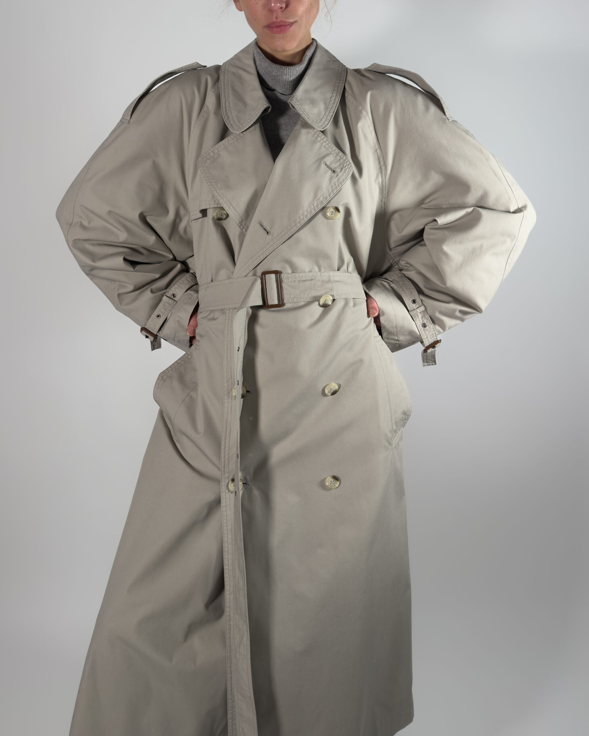 Double-Breasted Long Trench Coat | Light Grey