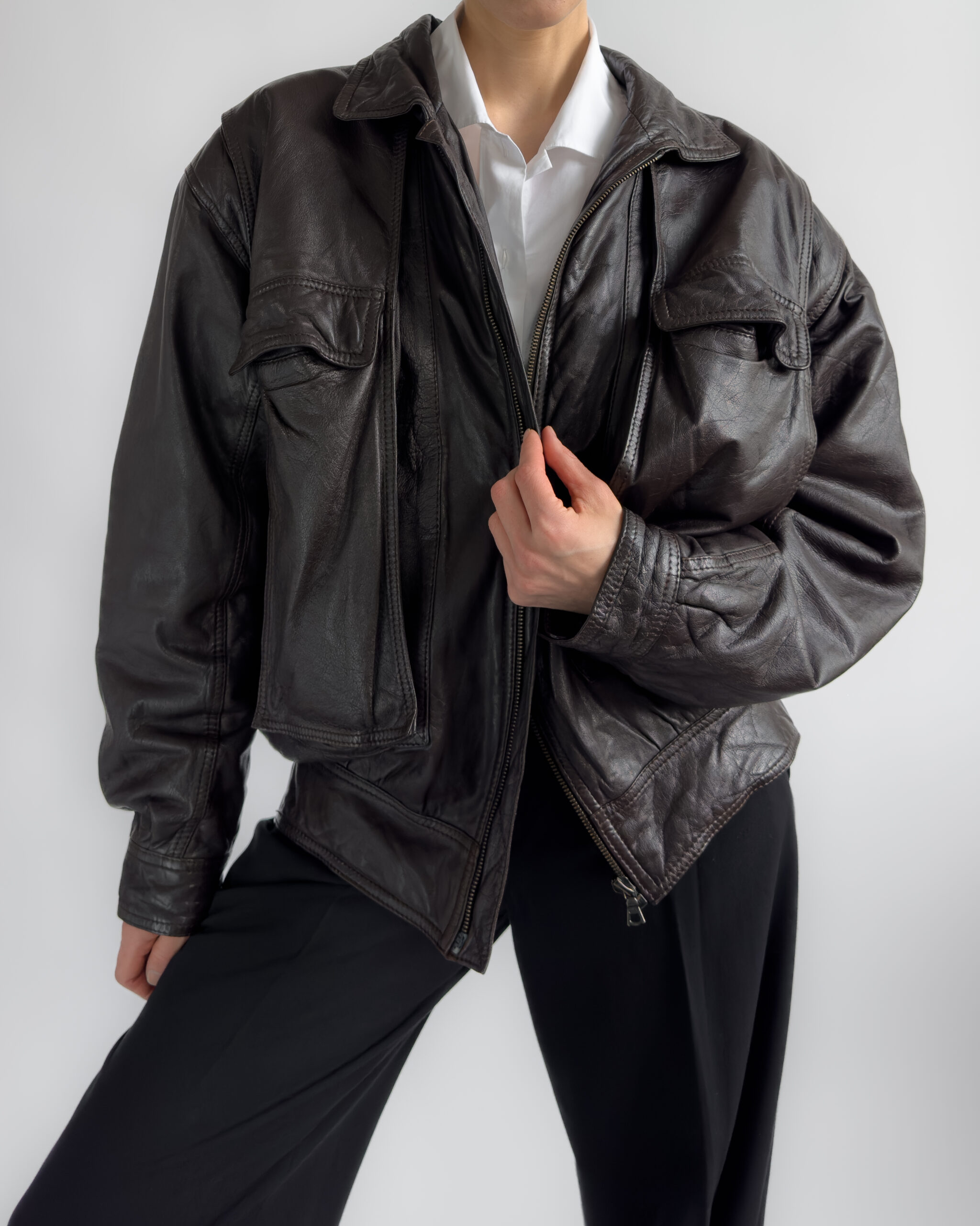 Oversized leather bomber | Chocolate brown