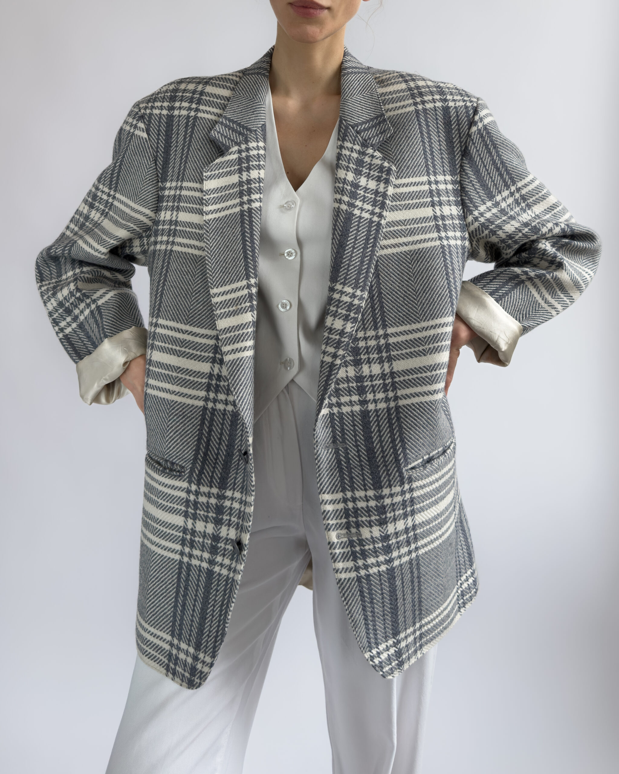 Checkered wool blazer | Lightblue & cream