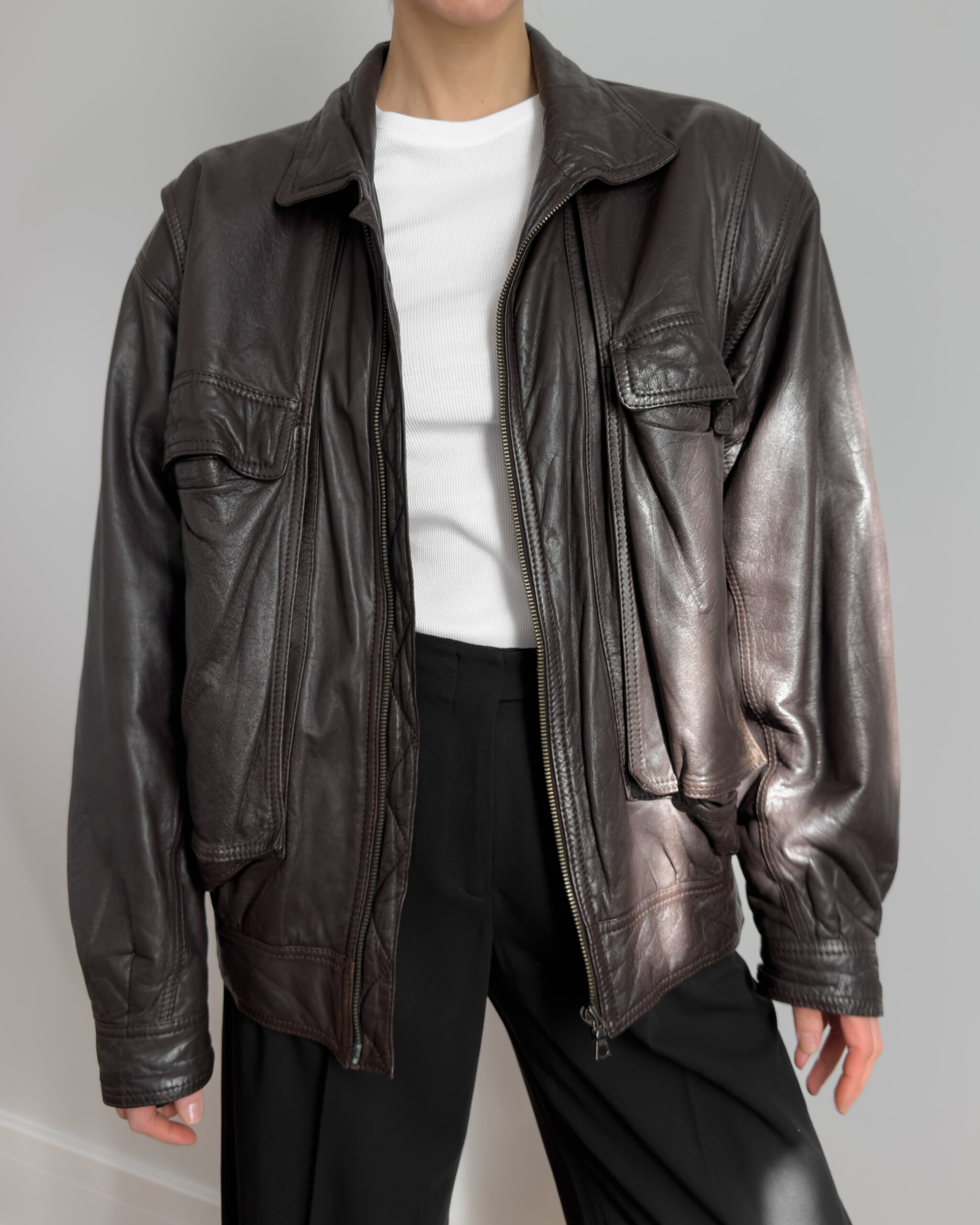 Oversized leather bomber | Chocolate brown