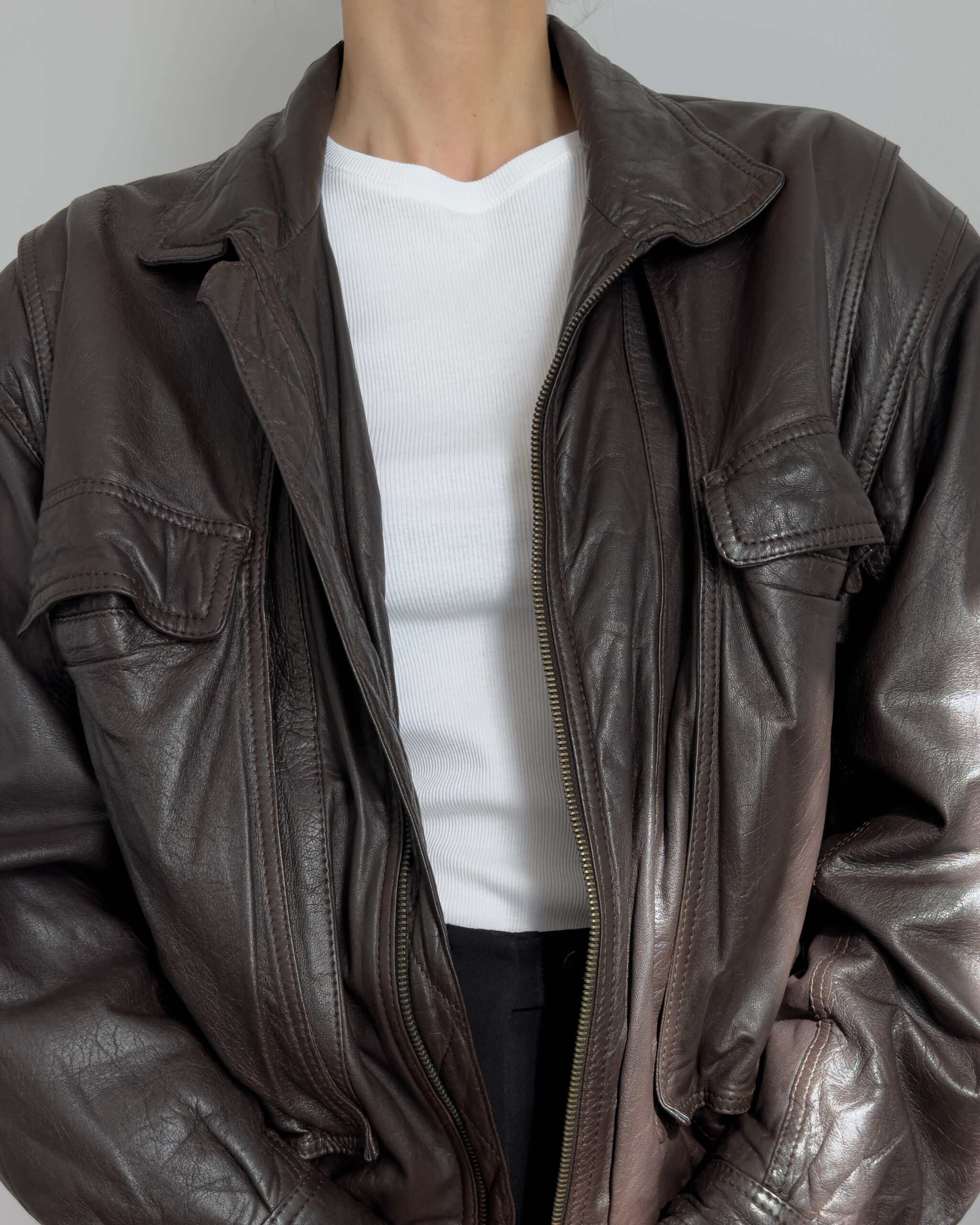 Oversized leather bomber | Chocolate brown