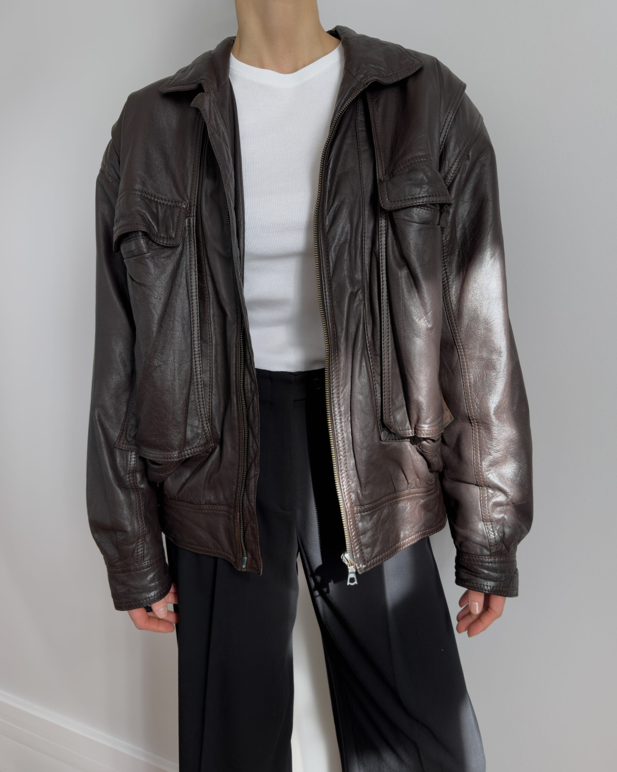 Oversized leather bomber | Chocolate brown