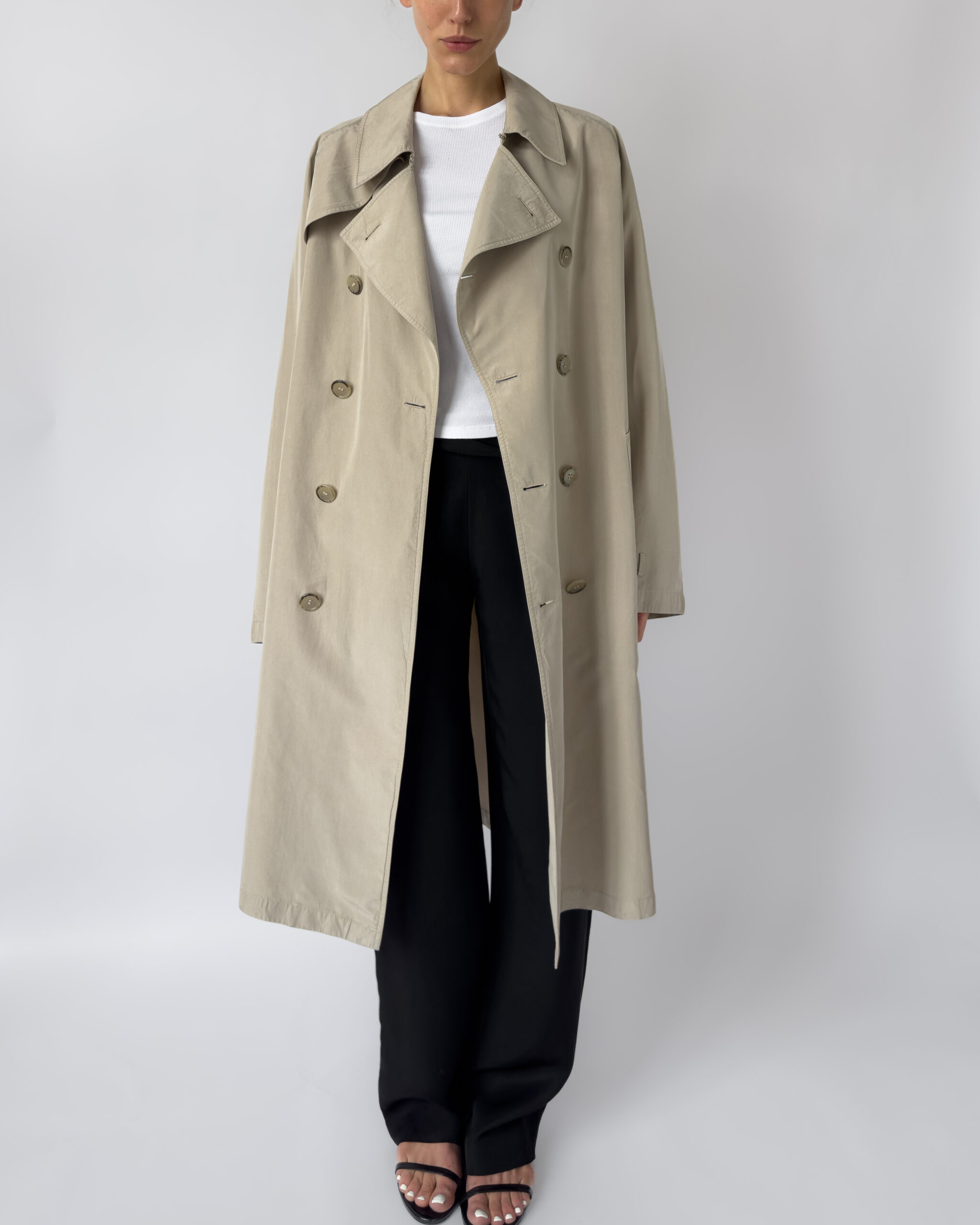 Pure Silk Double Breasted Trench Coat | Beige