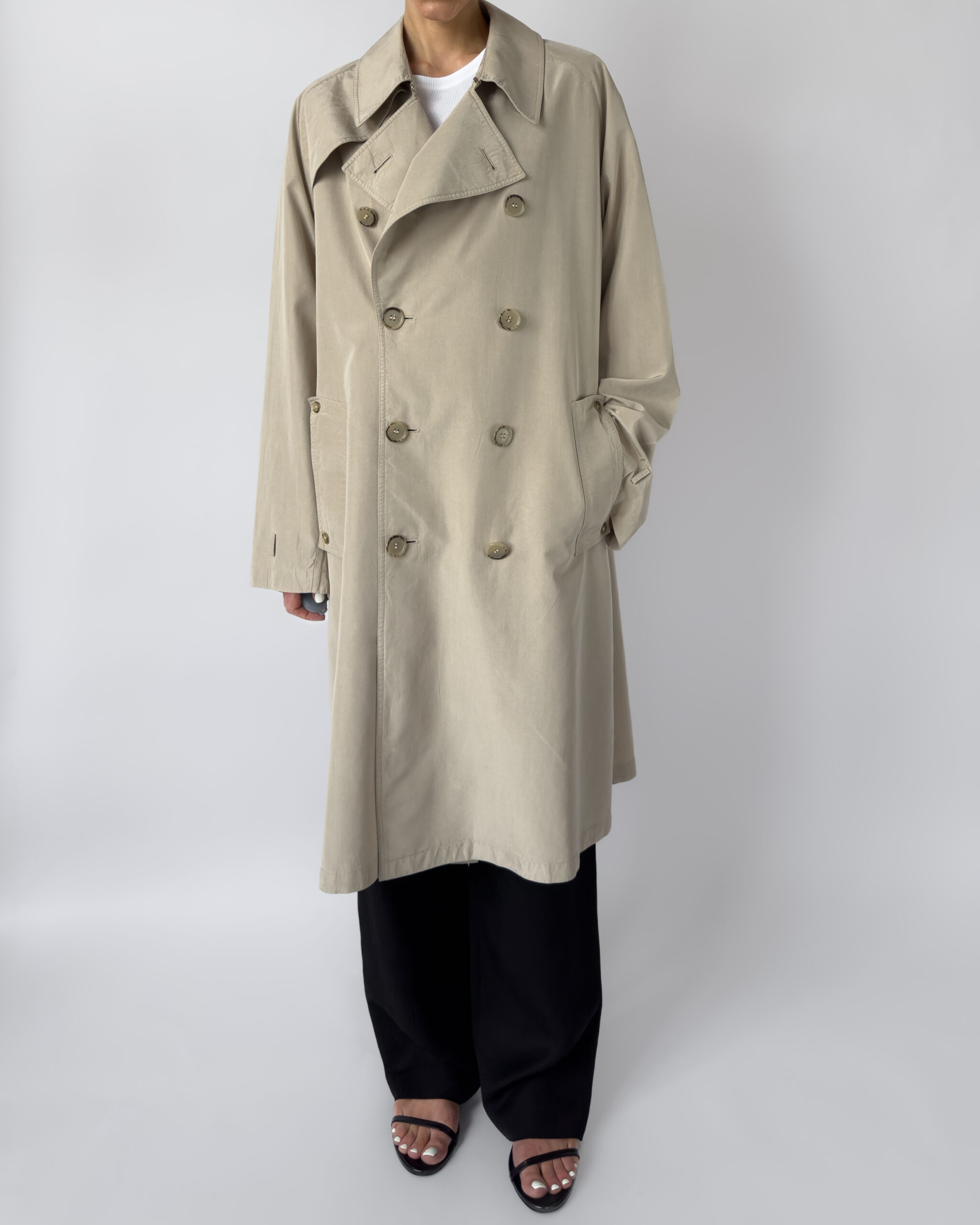 Pure Silk Double Breasted Trench Coat | Beige