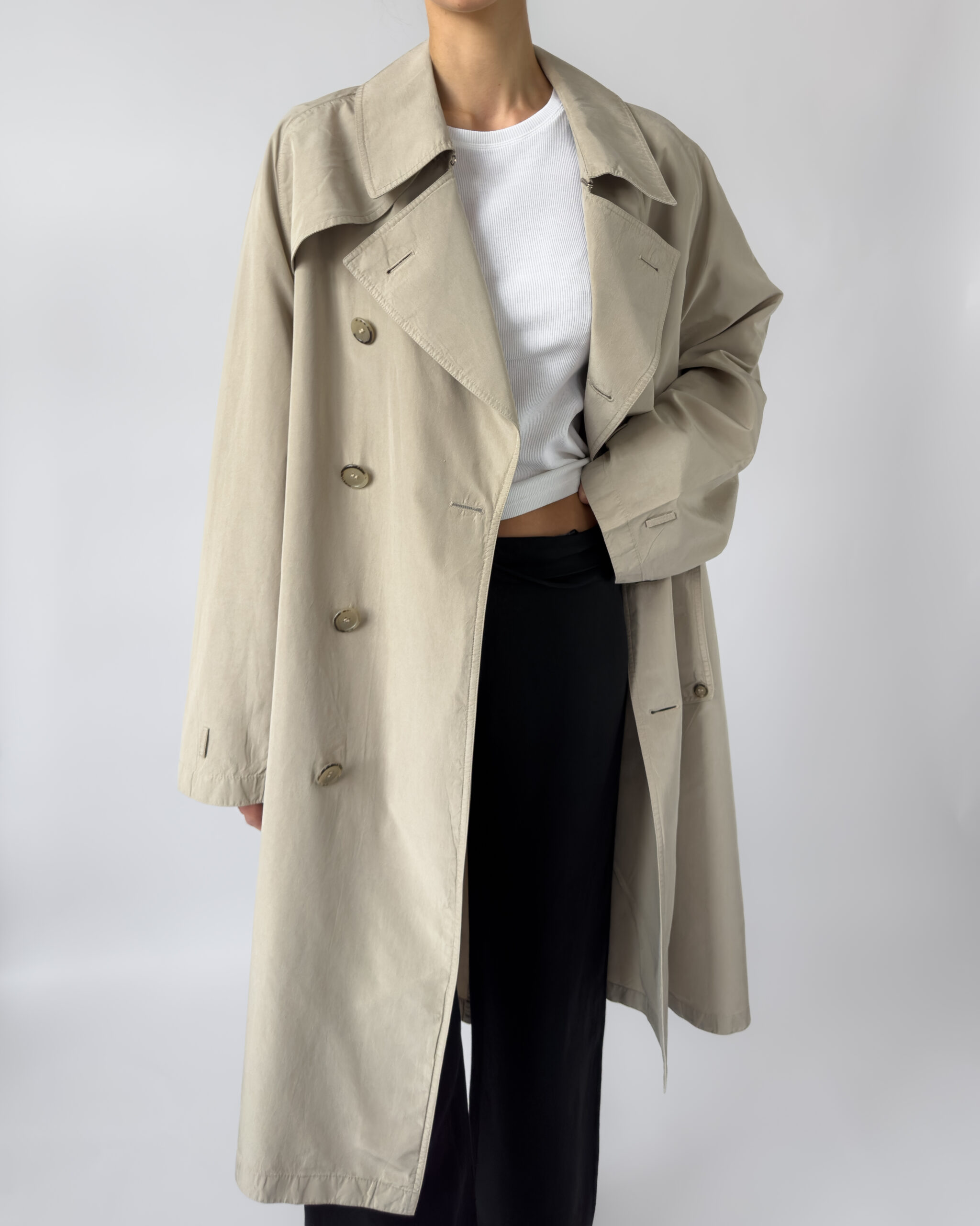 Pure Silk Double Breasted Trench Coat | Beige