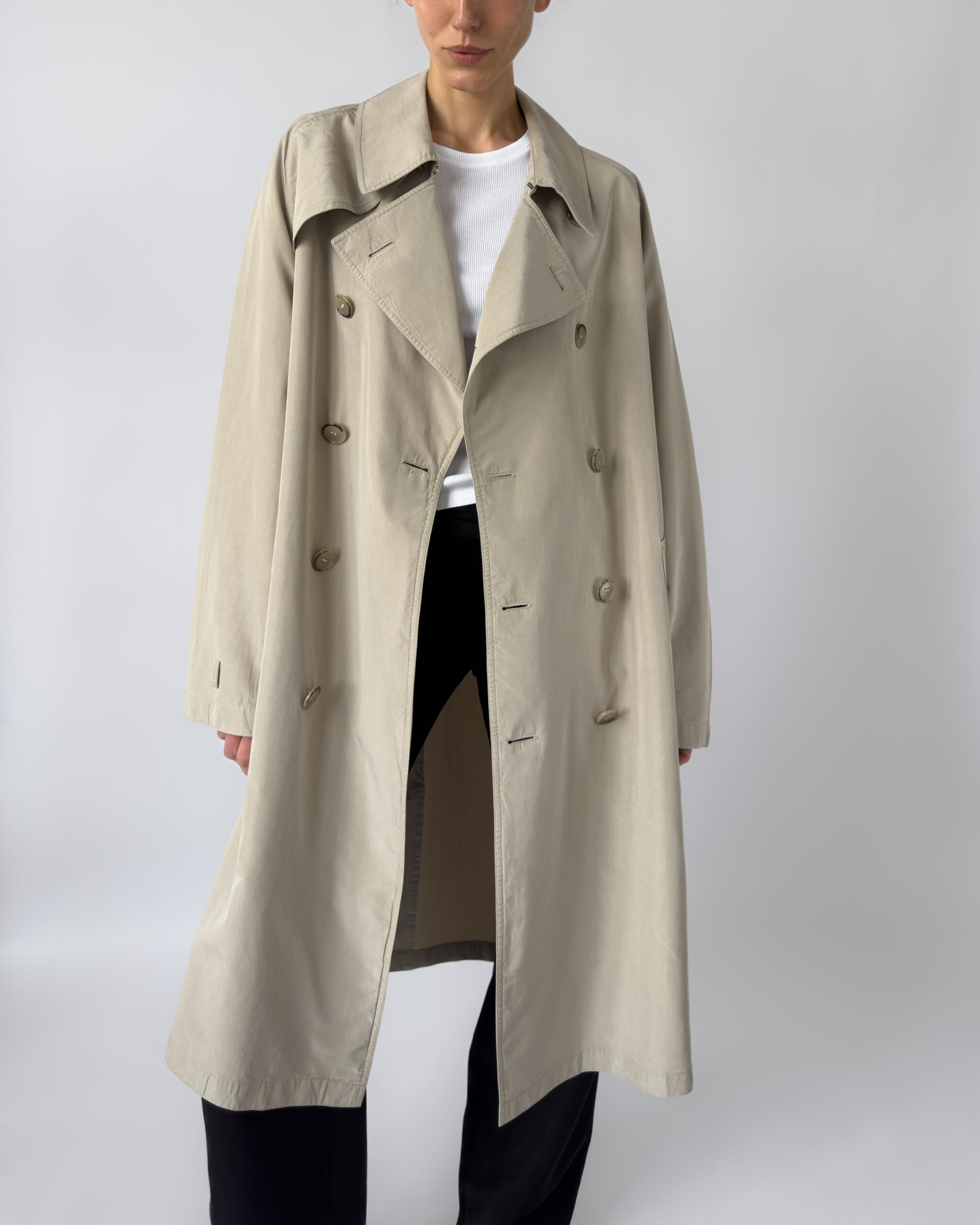 Pure Silk Double Breasted Trench Coat | Beige