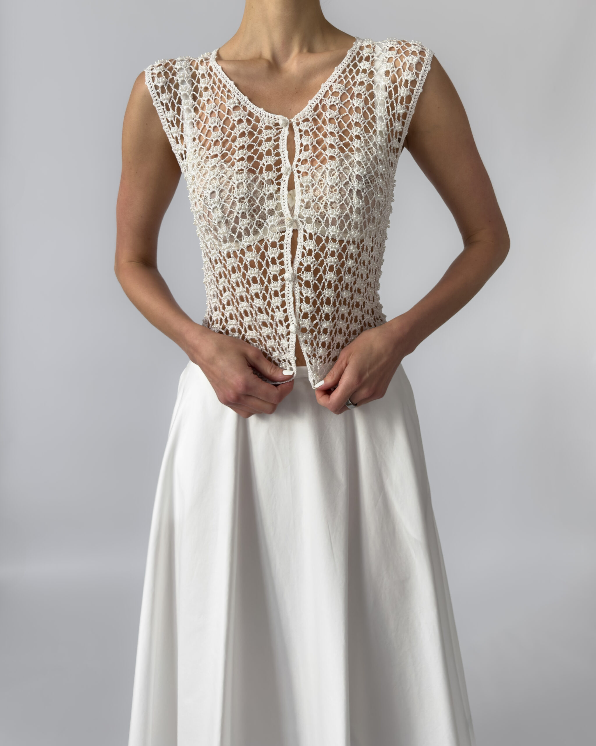 Embroidered Pearl Vest | White Crochet