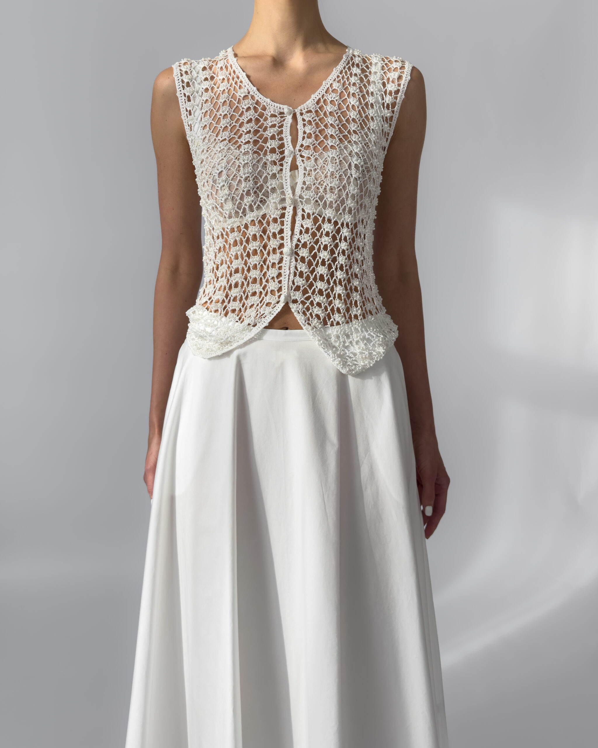 Embroidered Pearl Vest | White Crochet