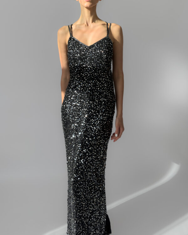 Long Sequin Silk Gown | Black & Silver