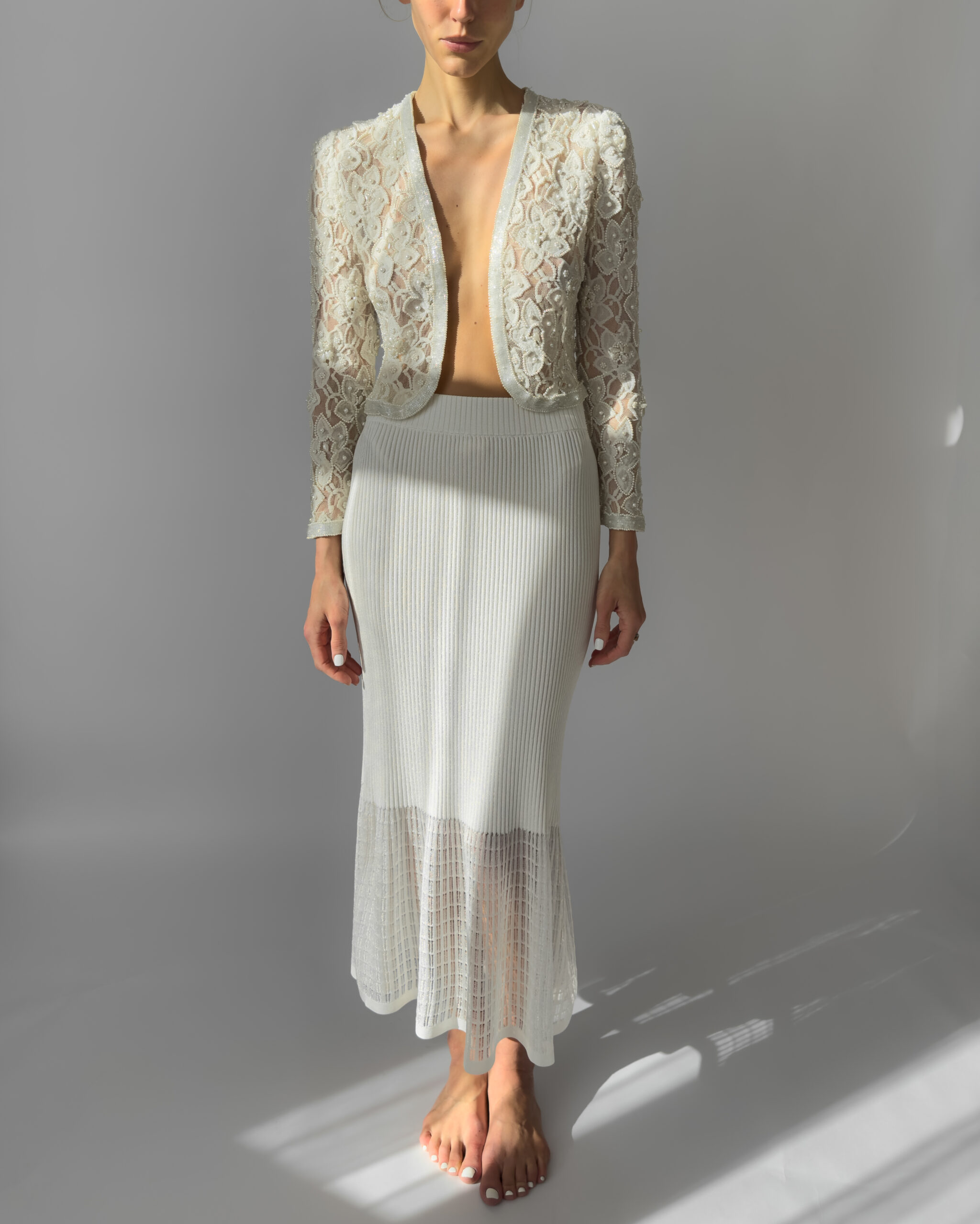 Pearl Embroidered Lace Jacket | Cream White