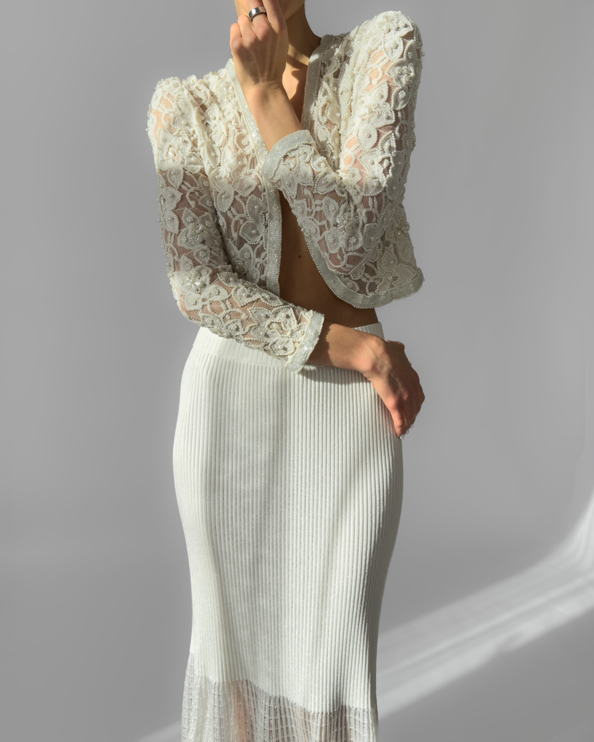 Pearl Embroidered Lace Jacket | Cream White