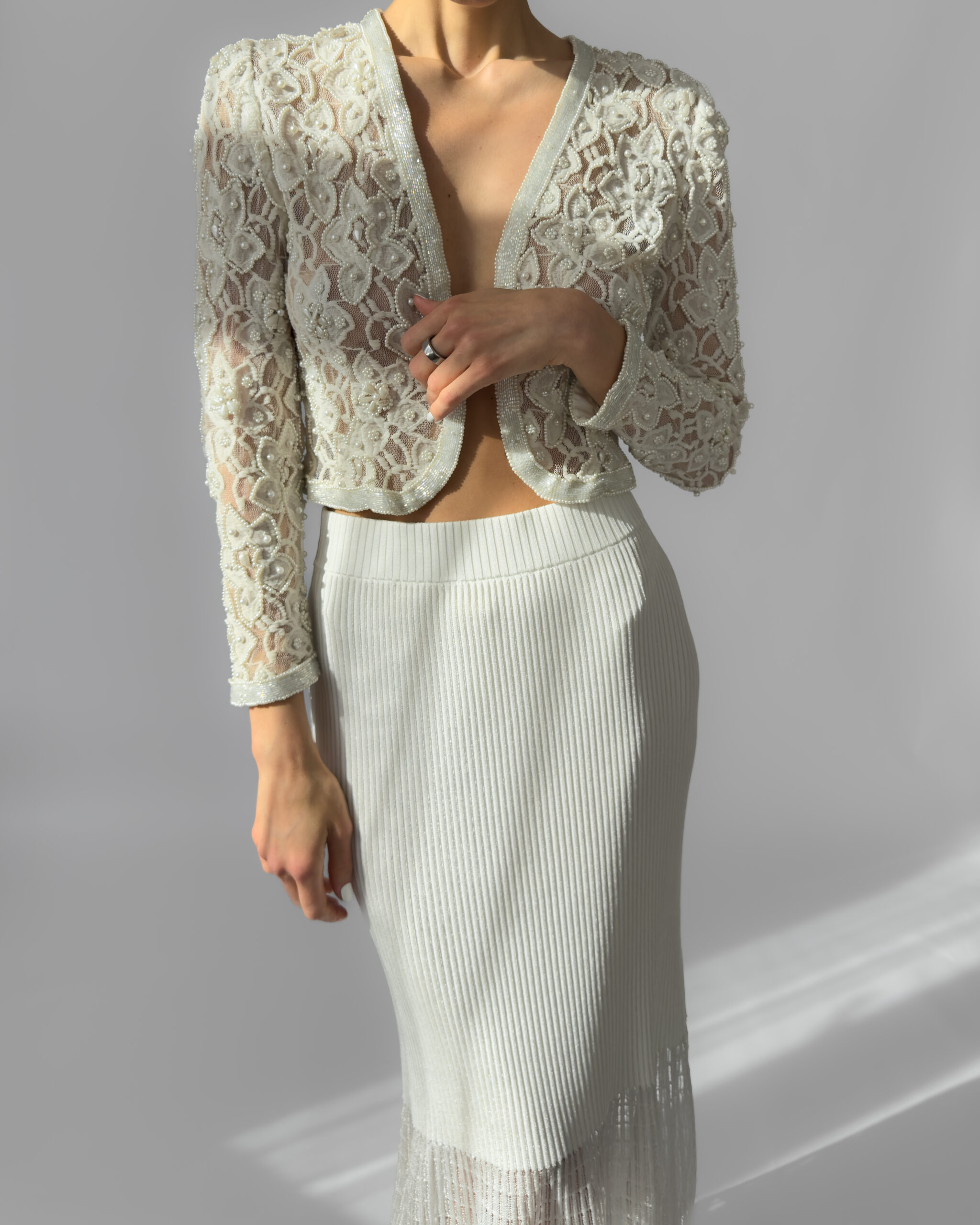 Pearl Embroidered Lace Jacket | Cream White