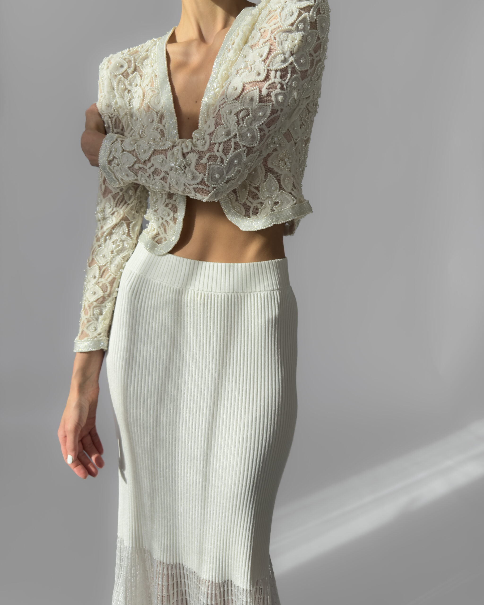 Pearl Embroidered Lace Jacket | Cream White