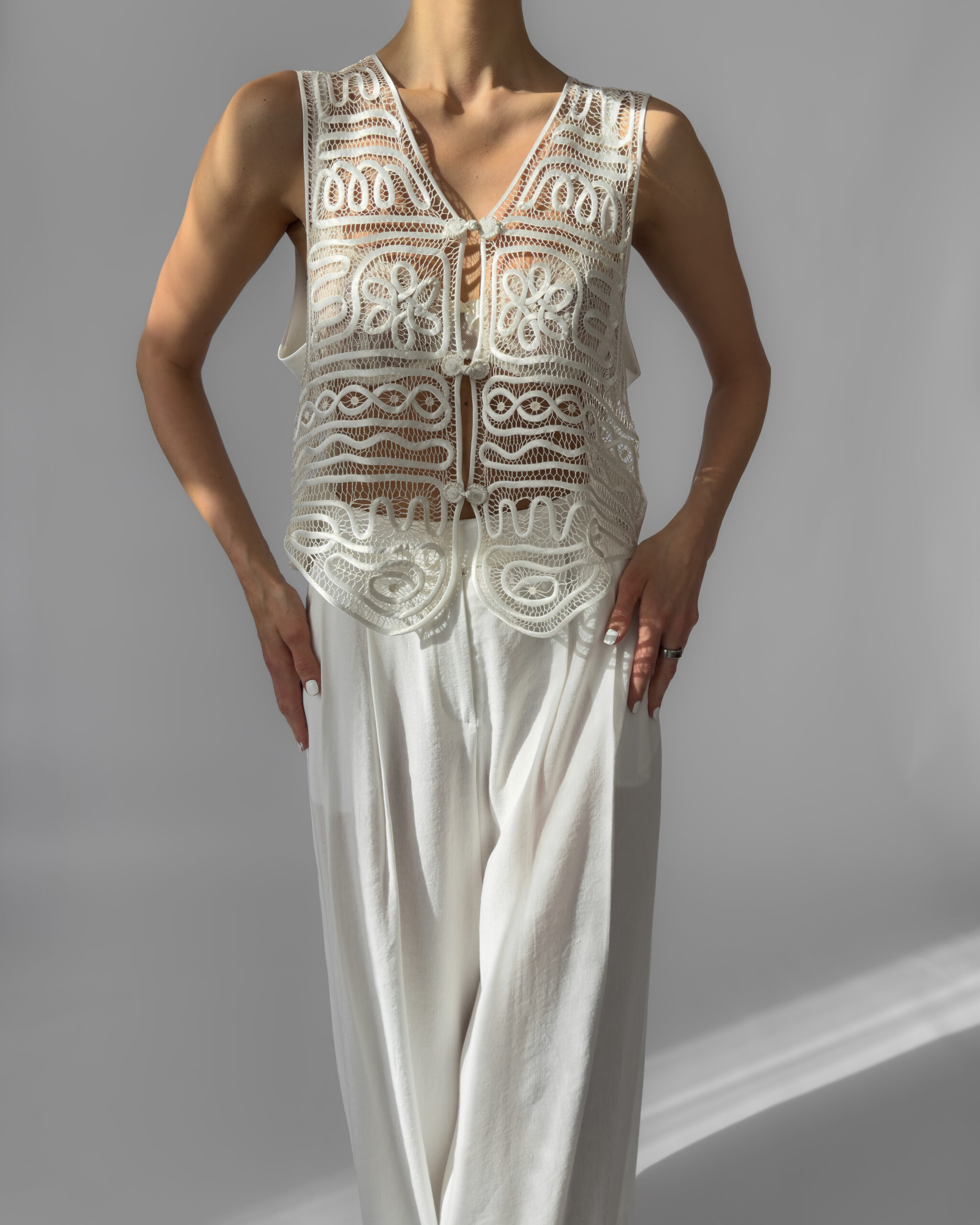 Silky Embroidered Suit Vest | Cream White