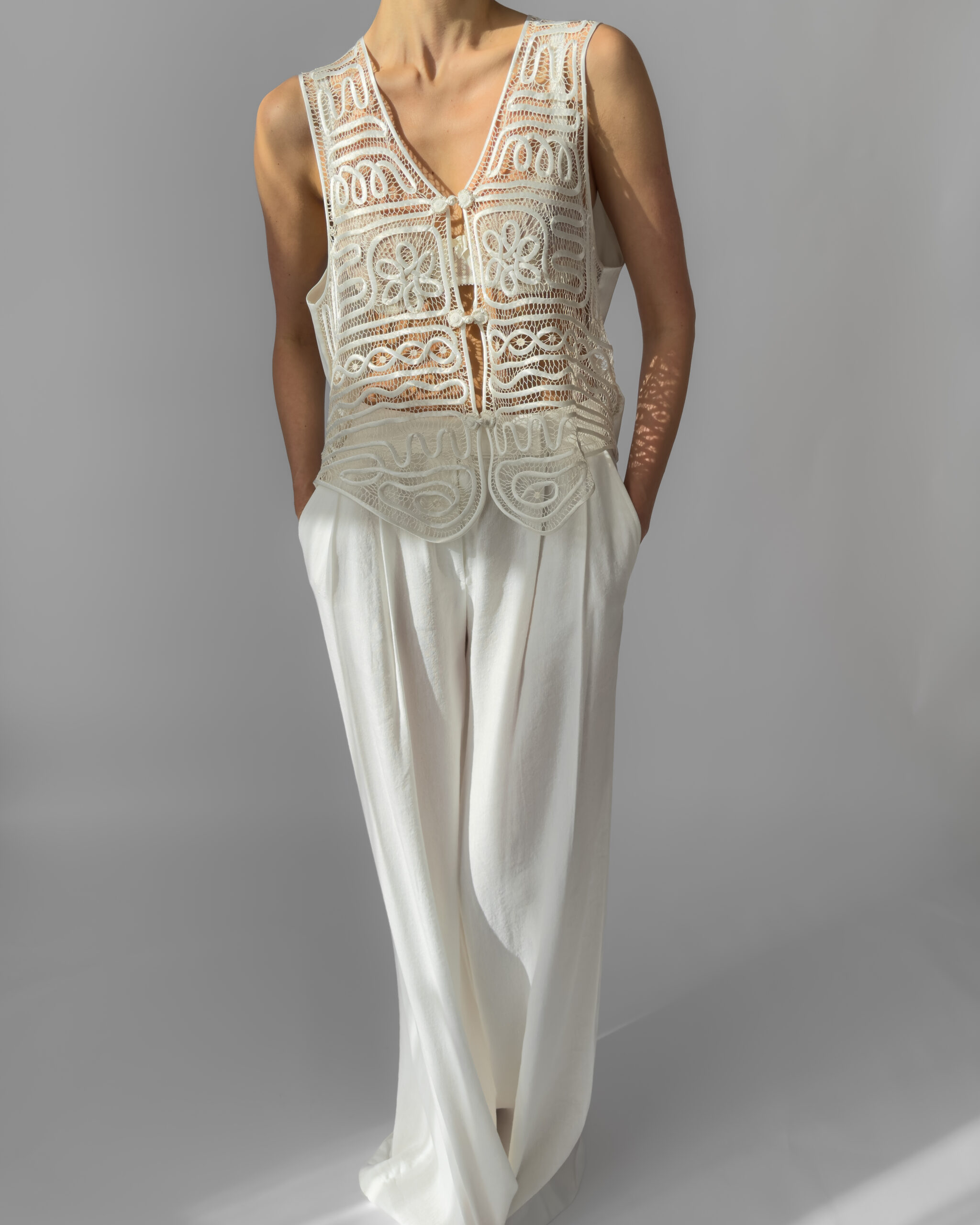 Silky Embroidered Suit Vest | Cream White