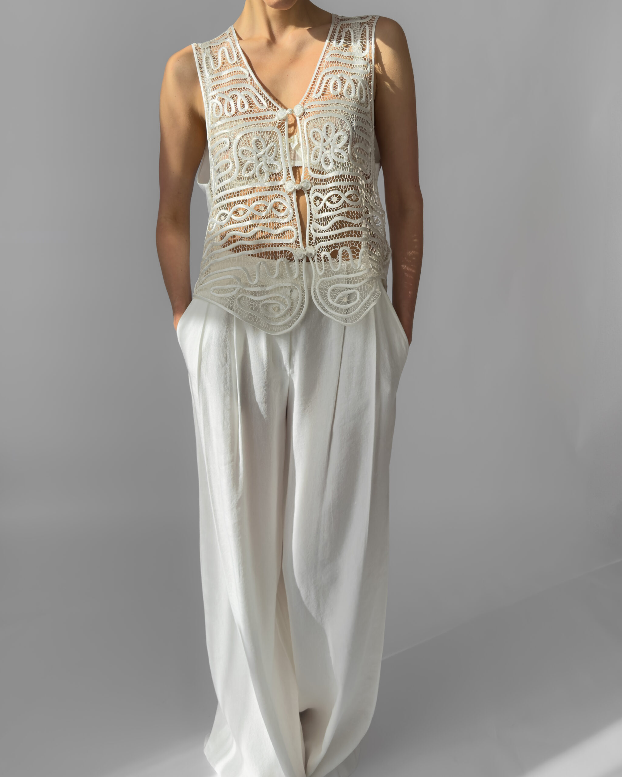 Silky Embroidered Suit Vest | Cream White