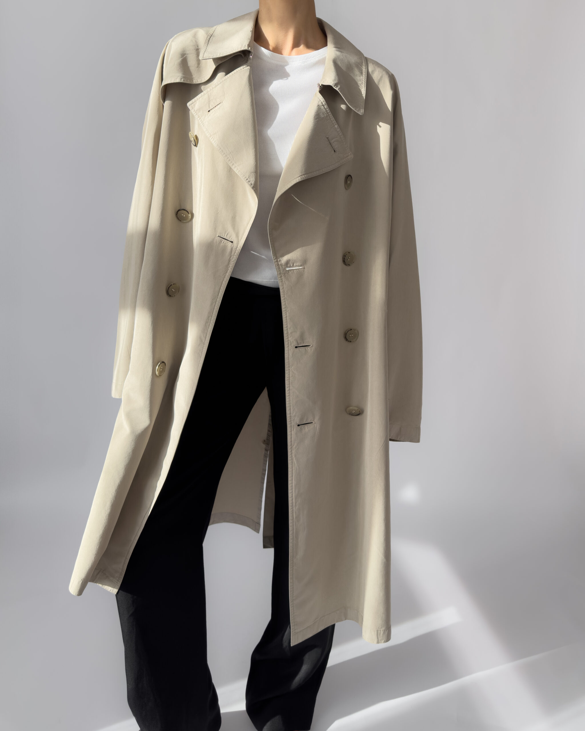 Pure Silk Double Breasted Trench Coat | Beige