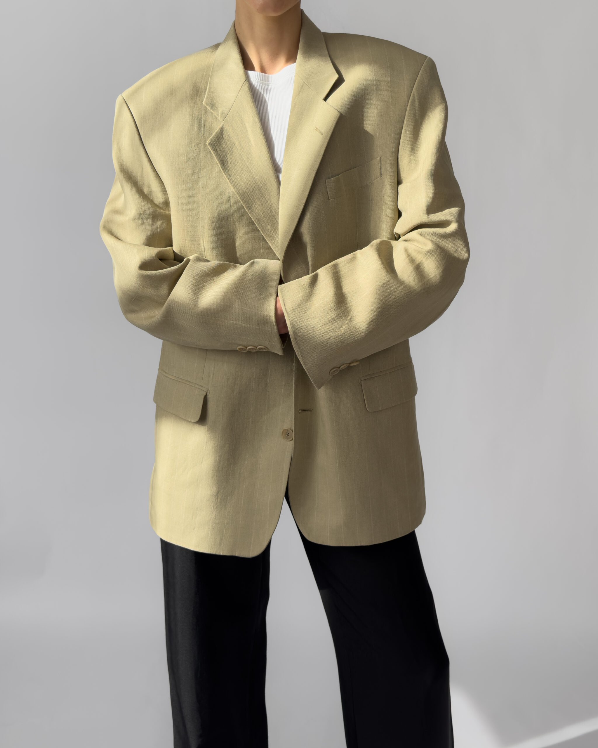 Yves Saint Laurent Pinstriped Wool Blend Blazer | Light Olive