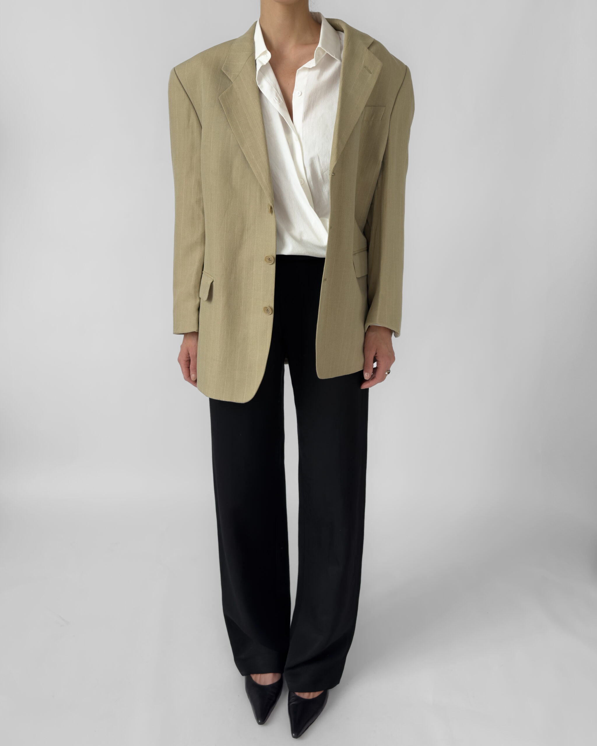 Yves Saint Laurent Pinstriped Wool Blend Blazer | Light Olive
