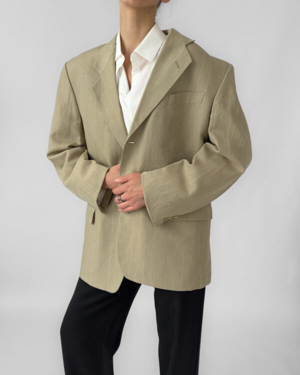 Yves Saint Laurent Pinstriped Wool Blend Blazer | Light Olive